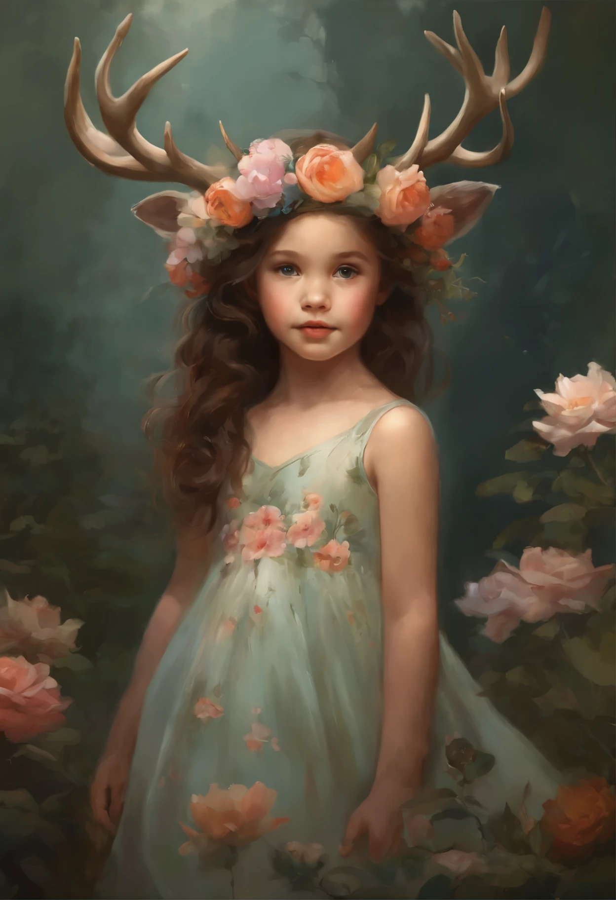 painting of a little girl in a flower dress with a deer and a flower crown, magali villeneuve', In the style of Anna Dittmann, magali villeneuve and monet, beautiful character painting, Heather Theurer, Ghibli Tom Bagshaw, artwork in the style of guweiz, Adi Granov, jinyoung shin art, Ye Xin, Annie Stegg Gerard