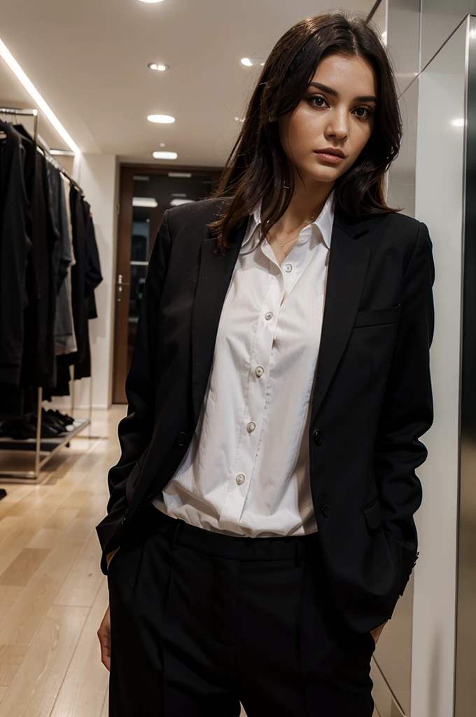 woman wearing striking black suit coupled with a crisp white shirt underneath