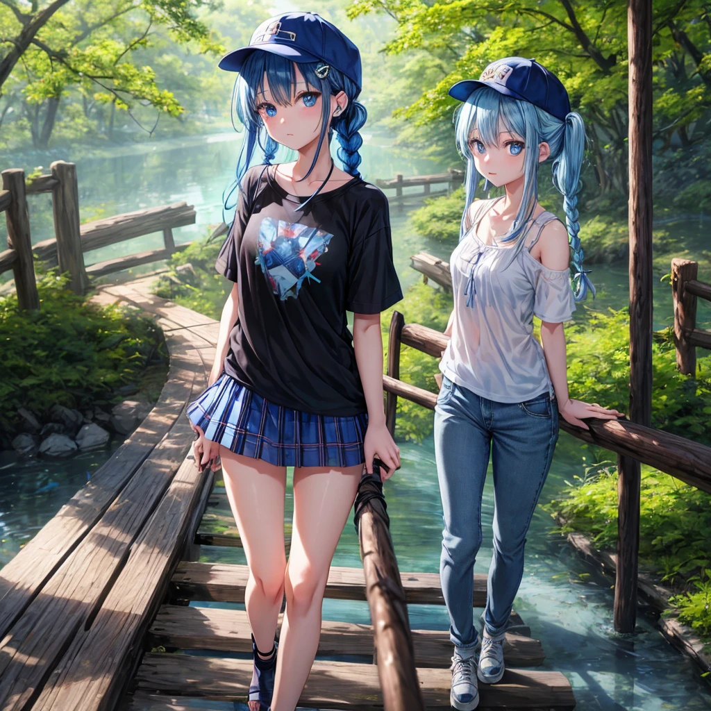 Blue hair、blue eyess、Braids、one good looking girl、独奏、animesque、Plaid miniskirt、Black T-shirt、camisole、the woods、Wearing a plaid baseball cap、bare-legged、Tilting your face、Walking、Crossing a log bridge while keeping balance、Doing the ribbon、have a twig、climbing the wooden stairs、falls、Blue Topaz、evening glow、Wearing headphones
