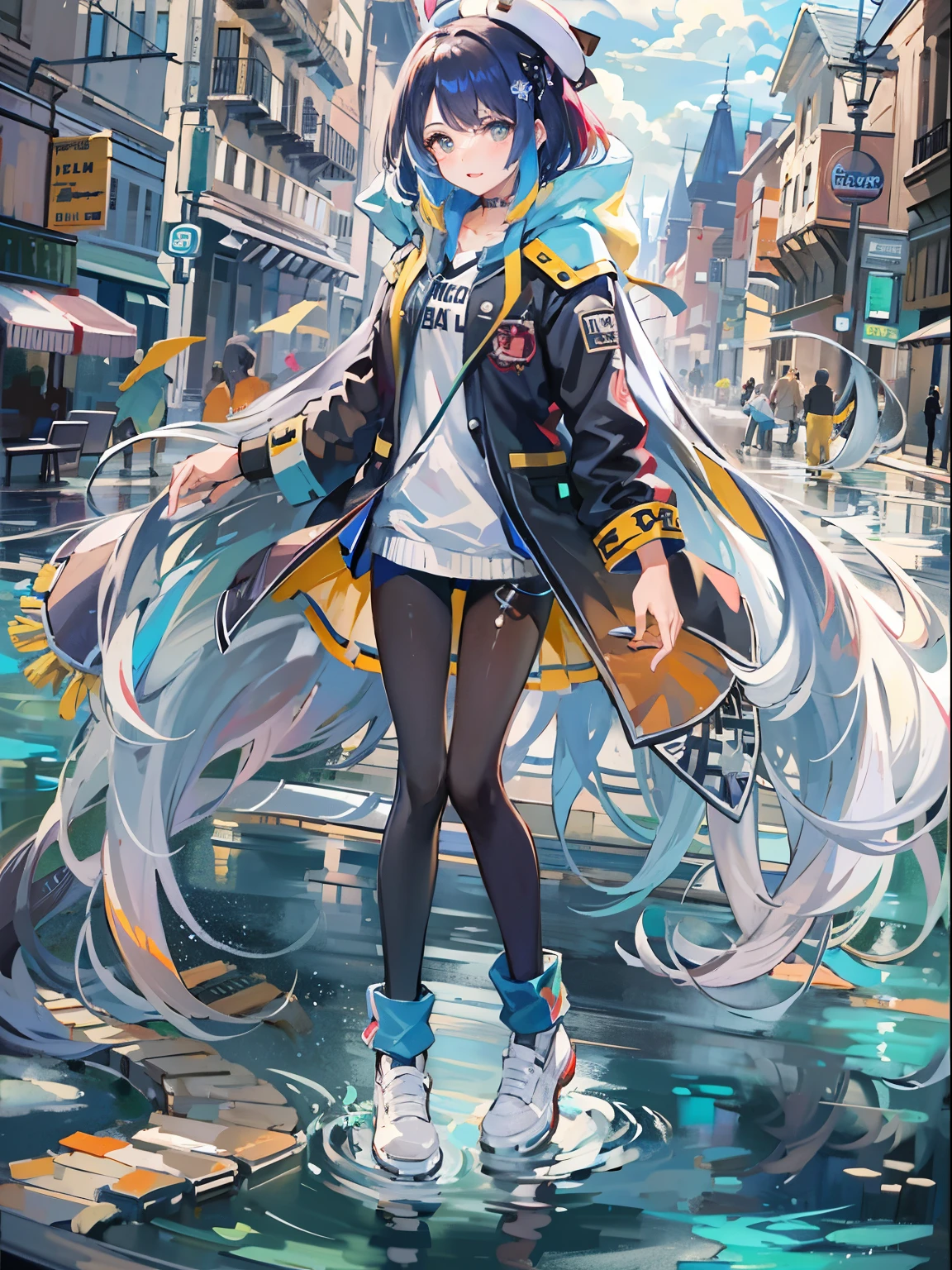8 k resolution、((highest qualityr))、((obra maestra))、((Ultra-detallado))、1 mujer、solo、incredibly absurd、Oversized hoodies、auriculares、calle、Al aire libre、Lluvia、Neones、Corte de pelo、Ojos de colores brillantes、Manos en los bolsillos、pantalones cortos、goteo de agua