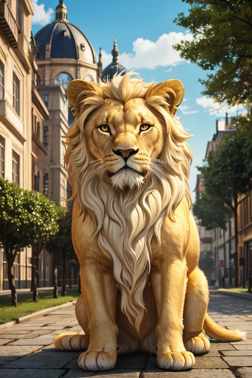 Little, graceful, golden lion. with a long, Light, golden, wavy, very fluffy mane. with bright green eyes, in the golden city with ancient, romantic houses