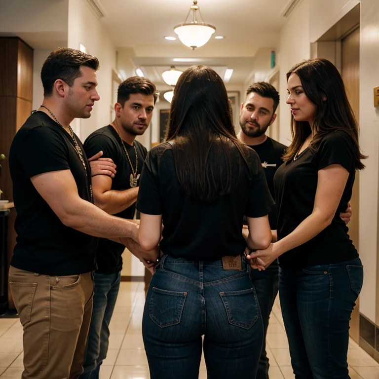 Cuckold chubby white hotwife, brown hair, with jeans and black t-shirt, 4men 1woman, golden necklace, tall horny Big 4men, romantic,1man hugging her from behind, another man holding her hand, 2men watching,hotel lobby, illustrations, ultra-detailed, realistic, vivid colors, full body picture, warm tones, soft lighting, photo from the side, all of them looking the camera