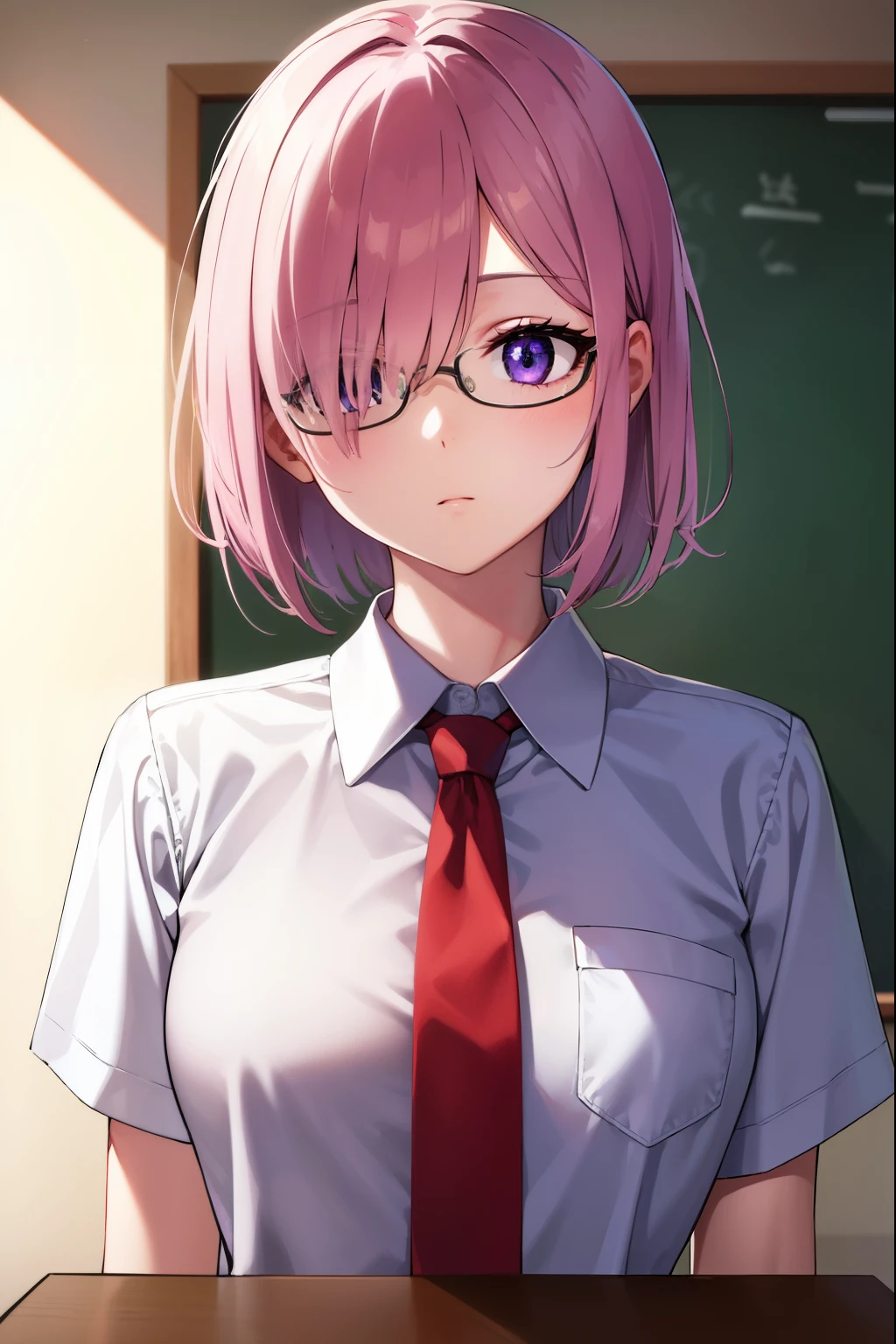 mashkyrielight, mash kyrielight, glasses, hair between eyes, hair over one eye, (purple eyes:1.1), pink hair, short hair,
BREAK hood, shirt, collared shirt, white collar, black shirt, necktie, red necktie, 
BREAK looking at viewer,
BREAK indoors, classroom,
BREAK (masterpiece:1.2), best quality, high resolution, unity 8k wallpaper, (illustration:0.8), (beautiful detailed eyes:1.6), extremely detailed face, perfect lighting, extremely detailed CG, (perfect hands, perfect anatomy),