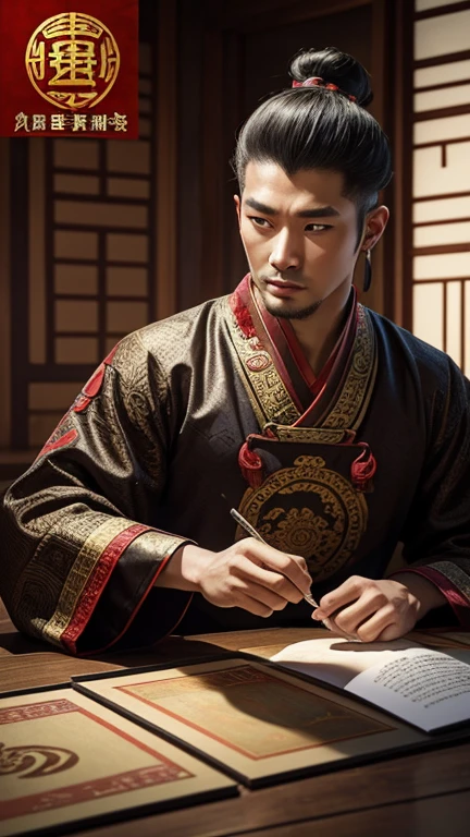 oriental、man in ancient chinese clothes、ancient chinese hairstyle man、three kingdom、multiple warlords、top-quality、masterpiece、超A high resolution、(Photorealsitic:1.4)、Game Posters、man writing、Inside the building、Working