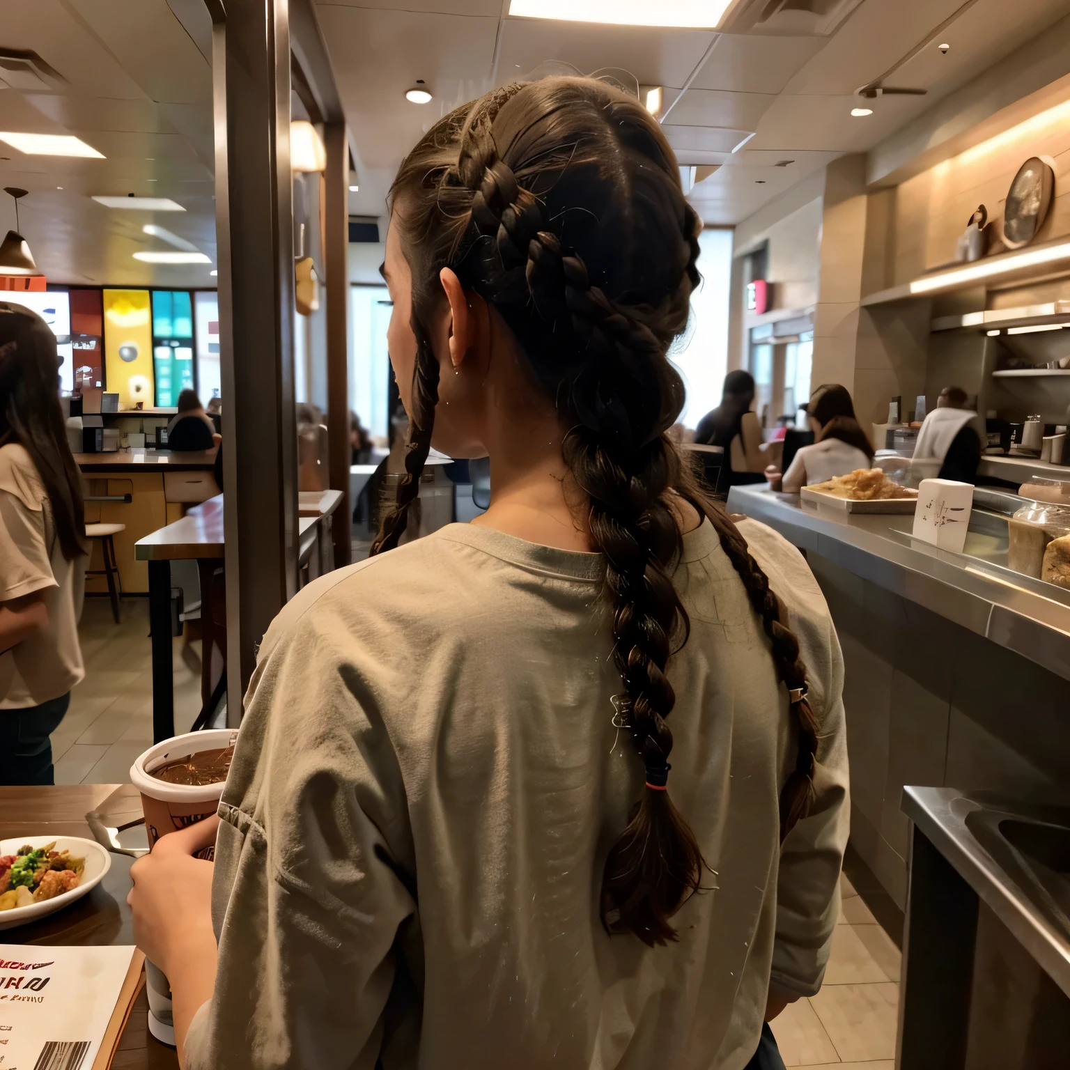 zoomed out image from the back of a 18 year old brunette with braids, she is ordering food . The photo is taken with an iPhone and does not look professional.