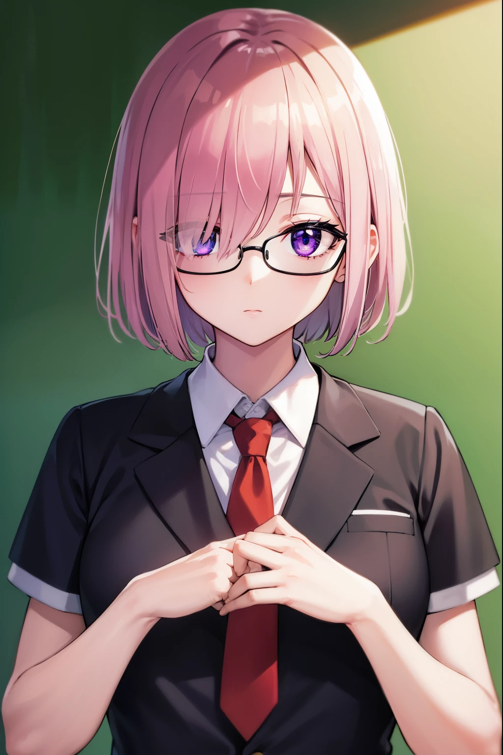 mashkyrielight, mash kyrielight, glasses, hair between eyes, hair over one eye, (purple eyes:1.1), pink hair, short hair,
BREAK hood, shirt, collared shirt, white collar, black shirt, necktie, red necktie, 
BREAK looking at viewer,
BREAK indoors, classroom,
BREAK (masterpiece:1.2), best quality, high resolution, unity 8k wallpaper, (illustration:0.8), (beautiful detailed eyes:1.6), extremely detailed face, perfect lighting, extremely detailed CG, (perfect hands, perfect anatomy),