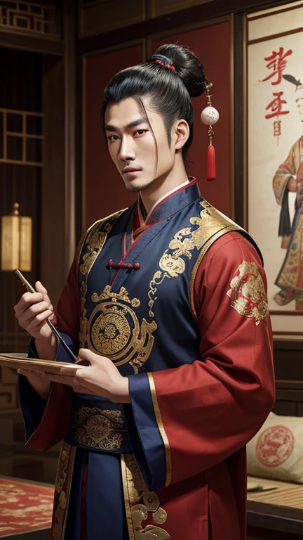 oriental、man in ancient chinese clothes、ancient chinese hairstyle man、three kingdom、multiple warlords、top-quality、​masterpiece、超A high resolution、(Photorealsitic:1.4)、Game Posters、man writing、Inside the building、Working