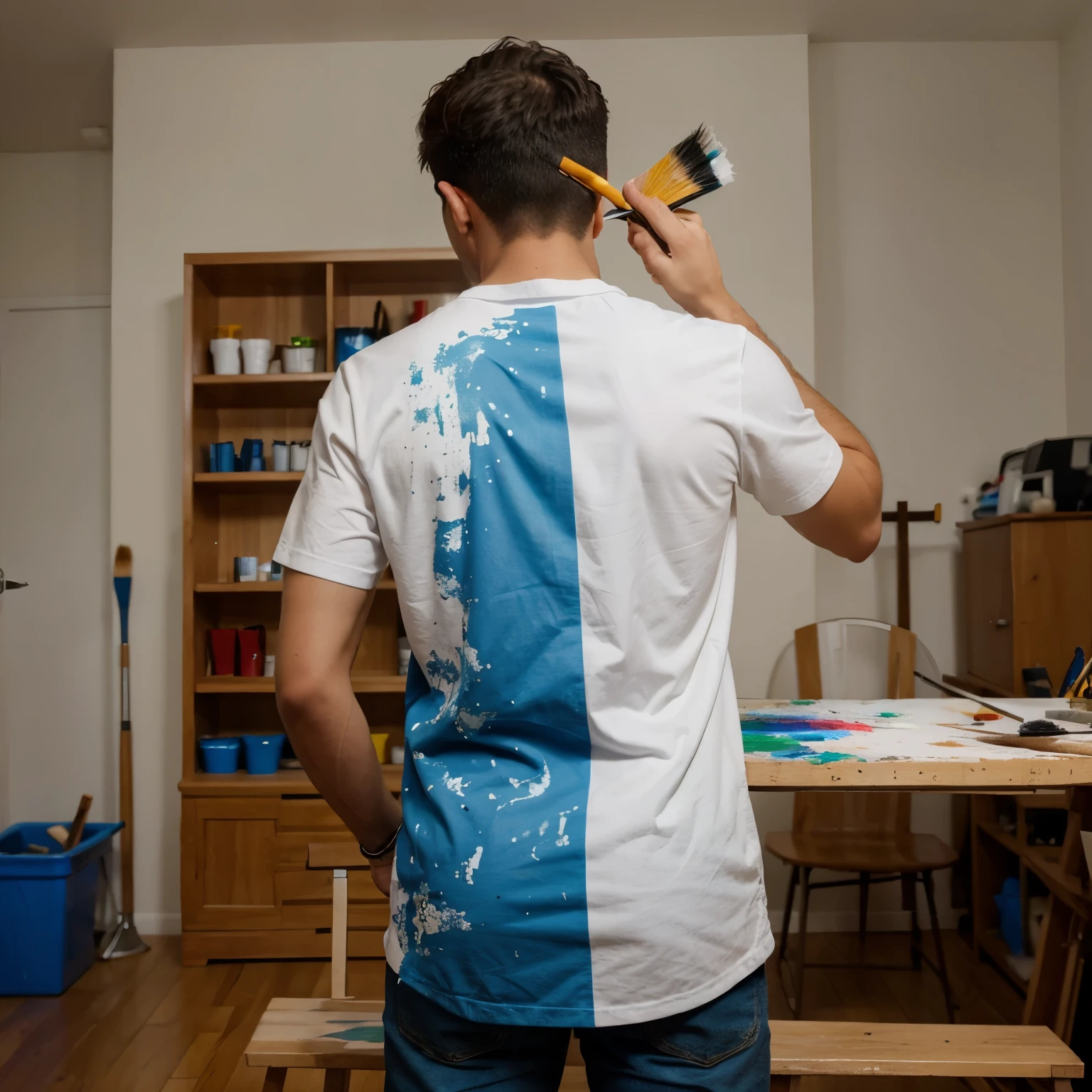 back view of a man holding paint brush
