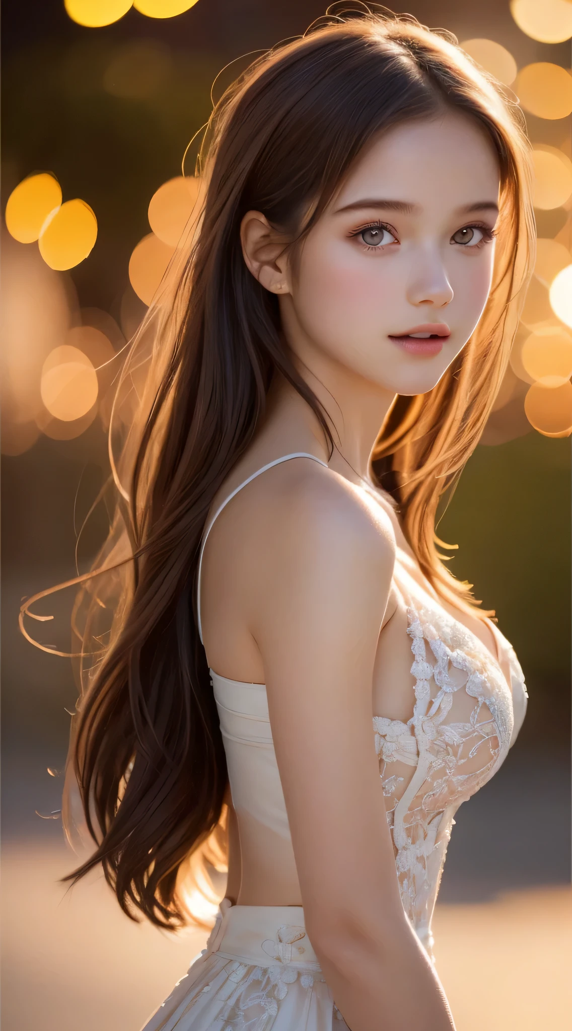 (Best Quality), (Ultra-detailed), (Illustration), (Detailed light), (extremely delicate and beautiful), 1ung girls, Brown hair, Brown eyes, modeled, bare shoulders​、breastsout:1.2), Best Quality, extremely detailed CG unified 8k wallpaper, High-definition color, Professional, (((Bokeh))), depth of fields, Twilight, Sunset,