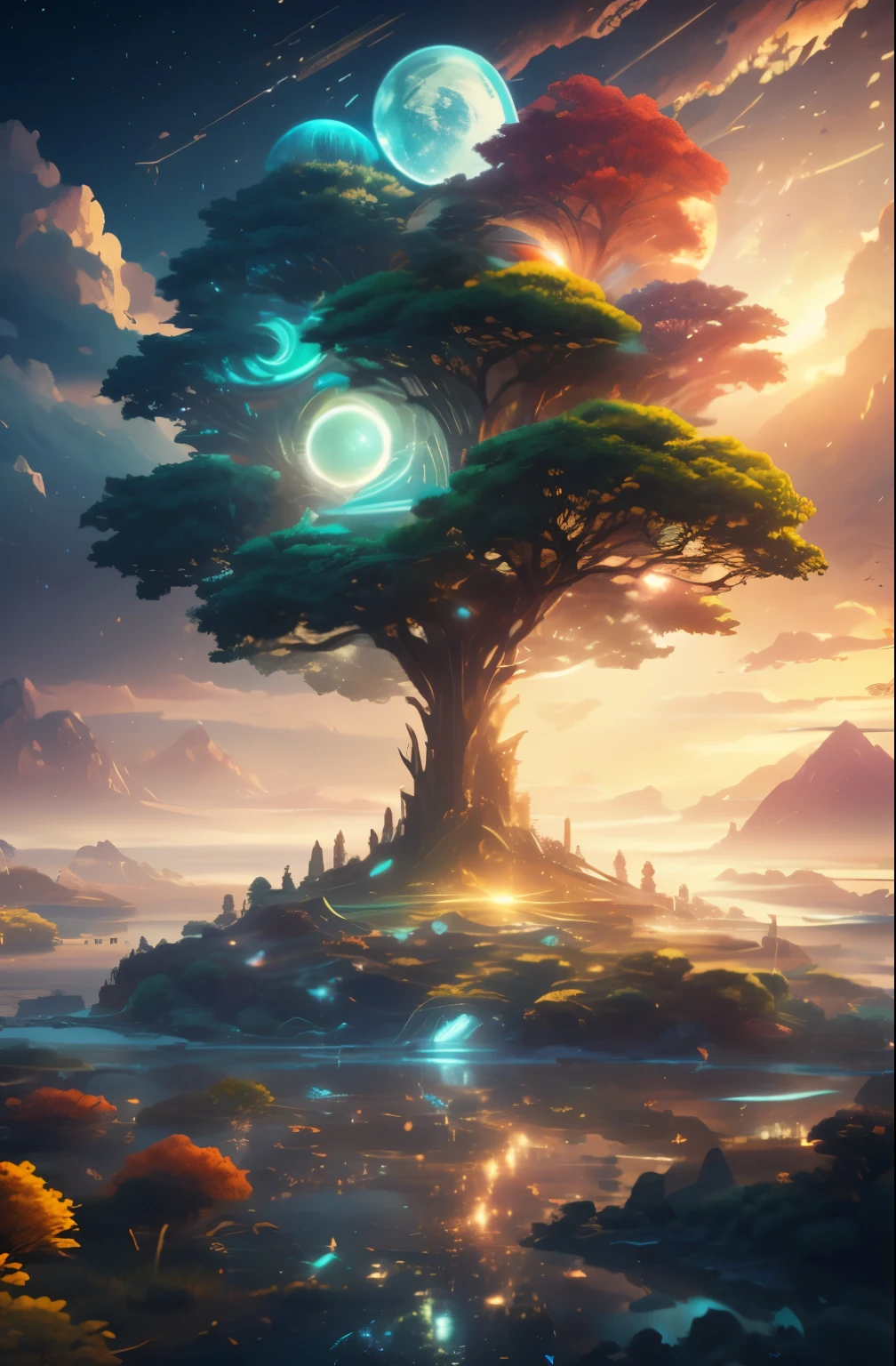 dawn of the world, Dawn hours, light of creation, Flood of light, Dazzling light, bright shining light, creator'Dream of, Yggdrasil, digital art inspired by Cyril Rolando, Trending on ArtStation, space art, artgem and beeple masterpiece, beeple masterpiece, greg beeple, beeple artwork, beeple art, recusion beeple, style hybrid mix of beeple, beeple!, Best Quality, Perfect Angle, perfect-composition, Best Shots, Official art, ciinematic light, very beautiful and fantastic scenery, supreme work of art