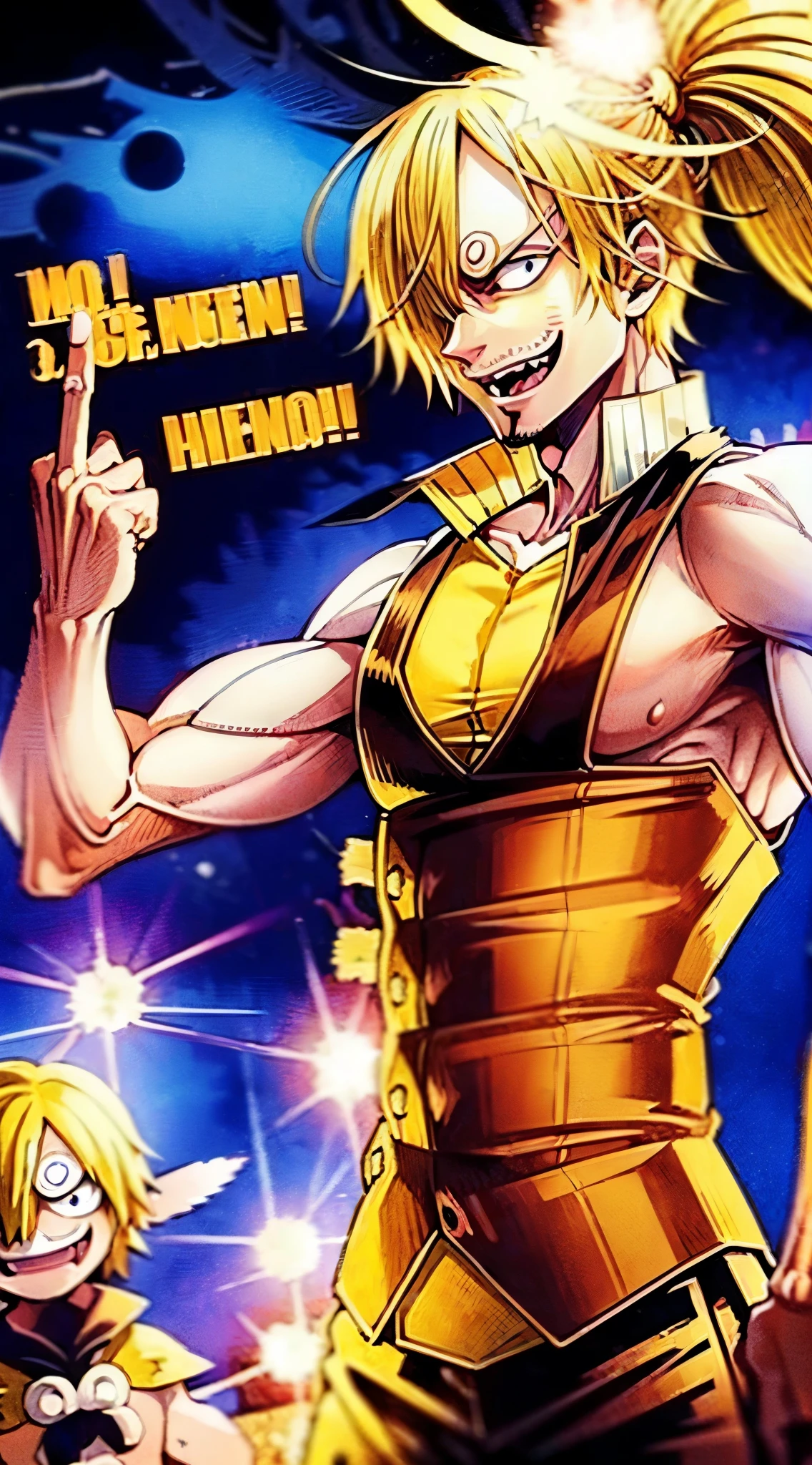 Sanji,(((shows 2 middle fingers))),smiles maliciously , yellow hair, A creepy look ,creepy smile,((((A lot of muscles))))