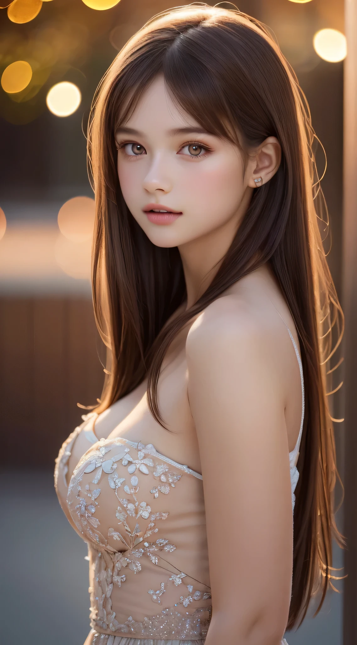 (Best Quality), (Ultra-detailed), (Illustration), (Detailed light), (extremely delicate and beautiful), ung girls, Brown hair, Brown eyes, modeled, bare shoulders、breastsout:1.2), Best Quality, extremely detailed CG unified 8k wallpaper, High-definition color, Professional, (((Bokeh))), depth of fields, Twilight, Sunset,