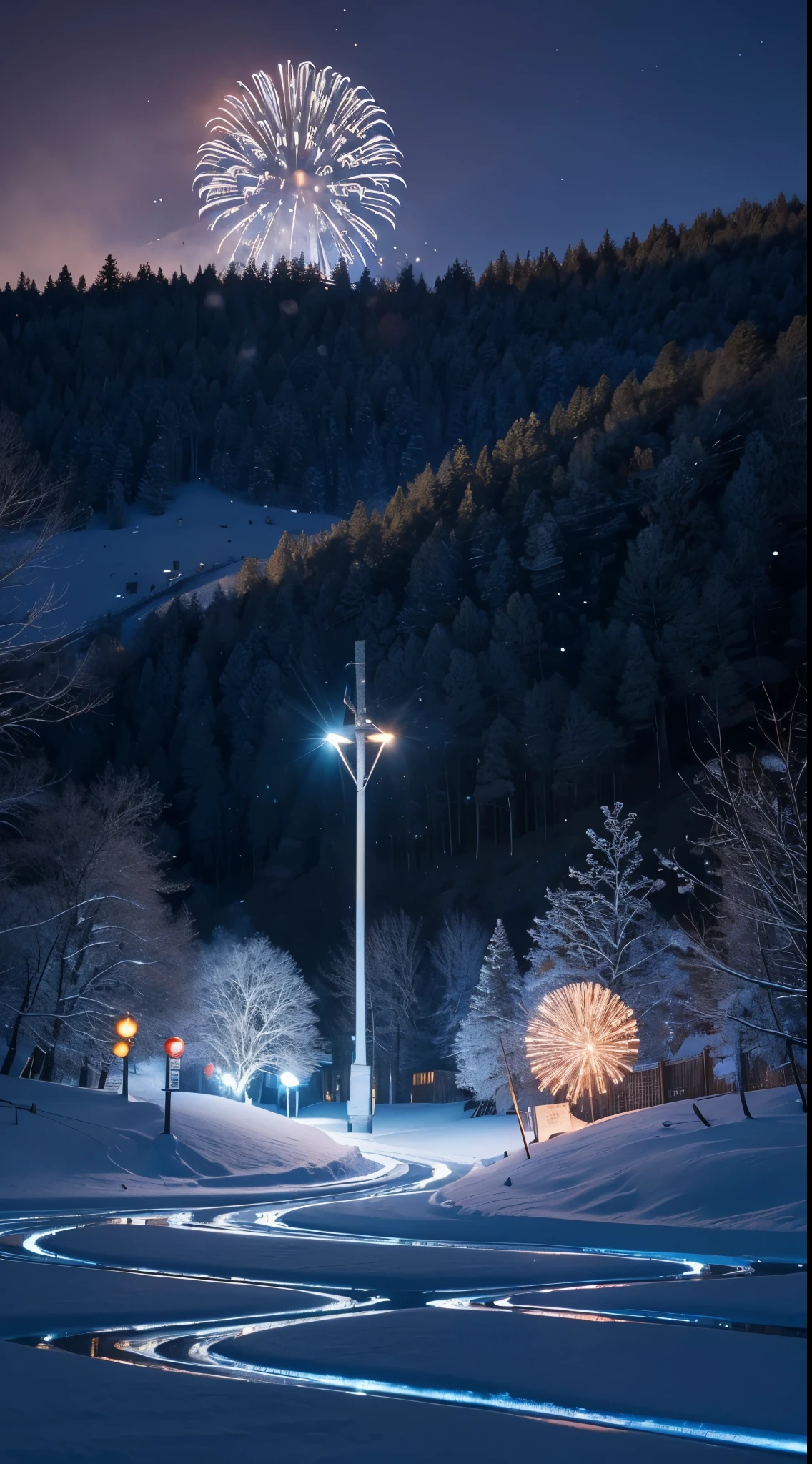 A winter scene with snow-covered grass under a starry sky. In the distance, fireworks light up the night, creating colorful bursts of smoke. The scene is illuminated by the soft glow of blue traffic lights, casting a cool hue across the landscape. The glass surfaces around reflect the surrounding beauty, resembling polished diamond glass. Intricate patterns etched into the snow and create a mesmerizing texture. The image is of the highest quality, with a resolution of 4k, capturing every detail and creating a visually stunning masterpiece.