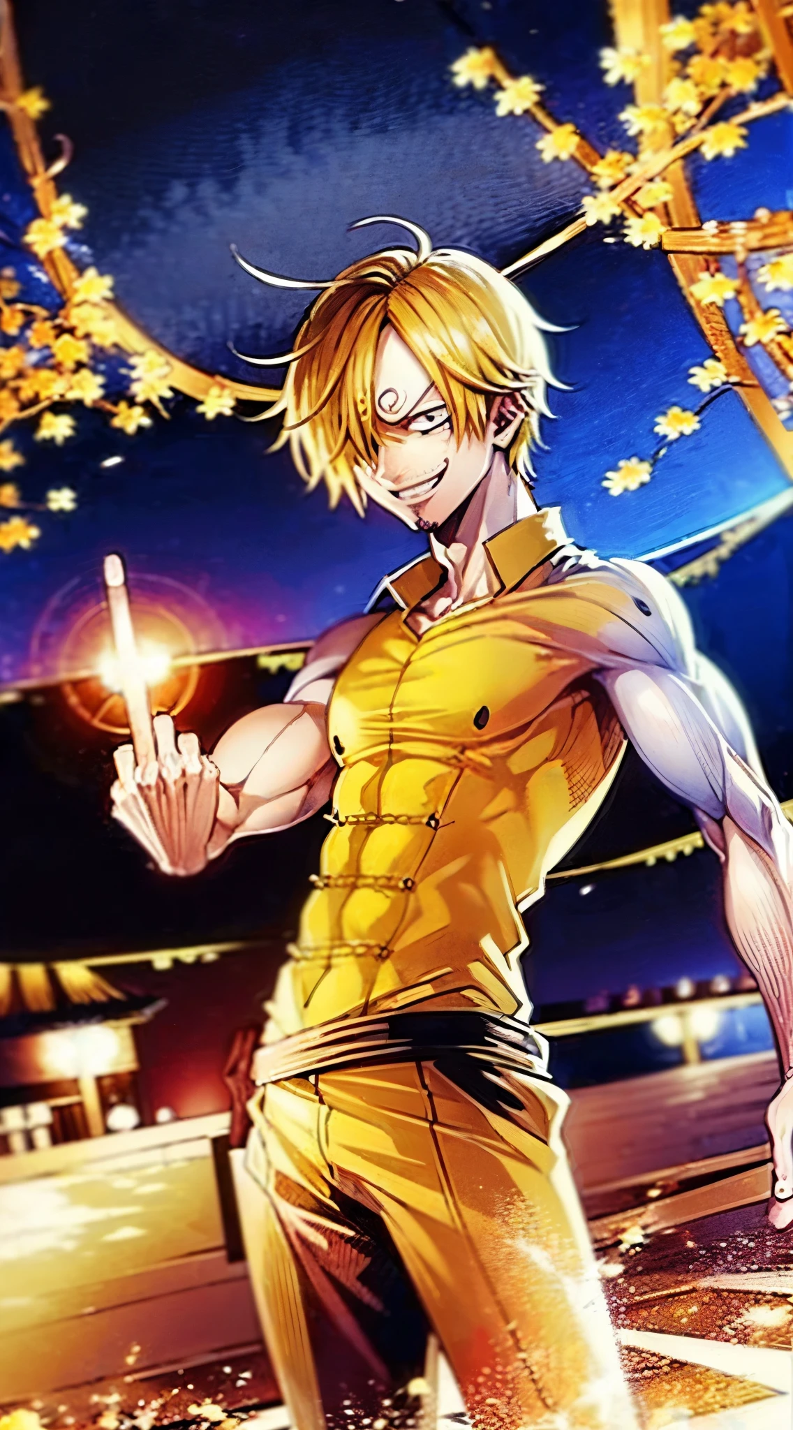 Sanji,(((shows 2 middle fingers))),smiles maliciously , yellow hair, A creepy look ,creepy smile,((((A lot of muscles))))