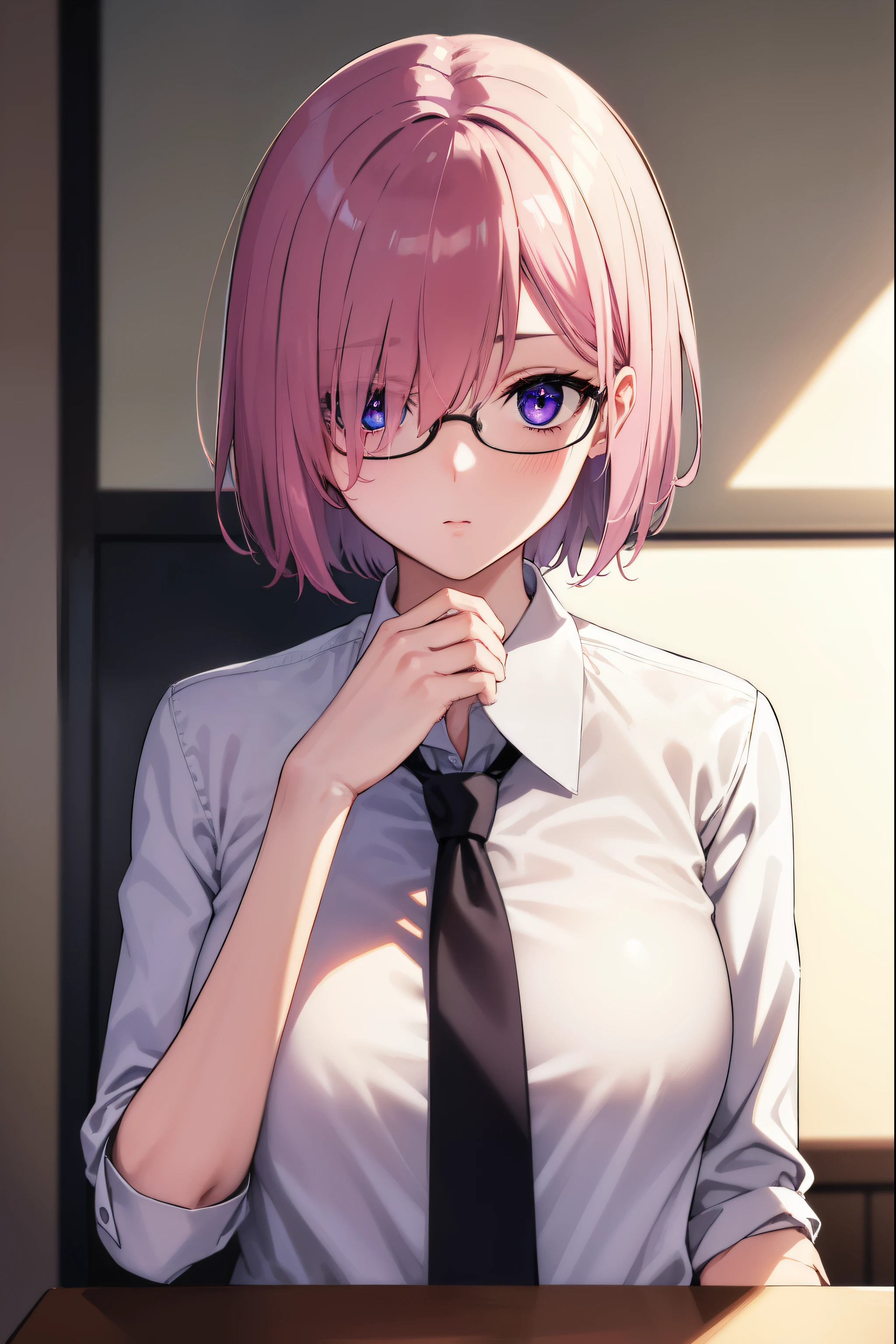 mashkyrielight, mash kyrielight, glasses, hair between eyes, hair over one eye, (purple eyes:1.1), pink hair, short hair,
BREAK hood, shirt, collared shirt, white collar, black shirt, necktie, red necktie, 
BREAK looking at viewer,
BREAK indoors, classroom,
BREAK (masterpiece:1.2), best quality, high resolution, unity 8k wallpaper, (illustration:0.8), (beautiful detailed eyes:1.6), extremely detailed face, perfect lighting, extremely detailed CG, (perfect hands, perfect anatomy),