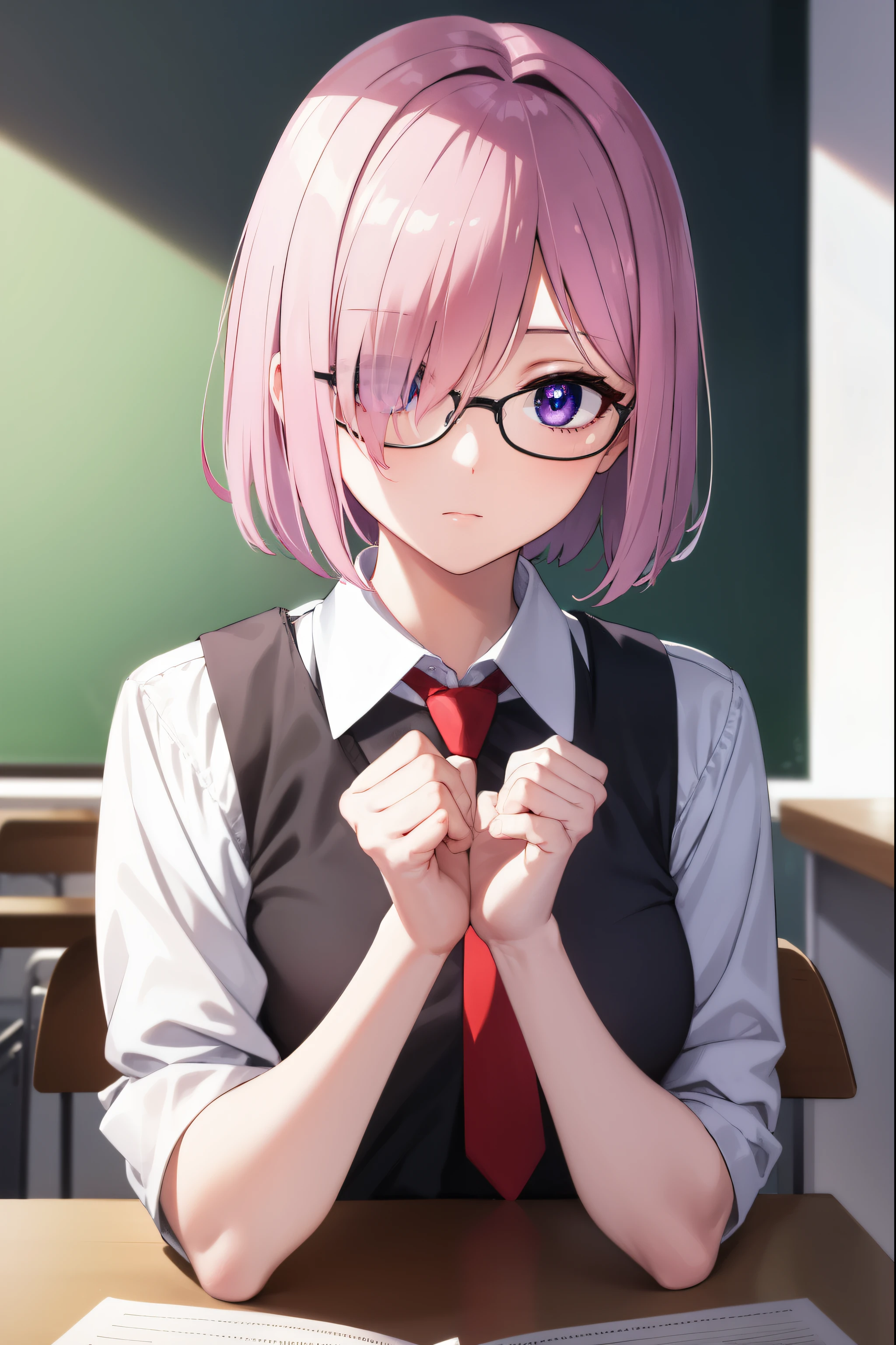 mashkyrielight, mash kyrielight, glasses, hair between eyes, hair over one eye, (purple eyes:1.1), pink hair, short hair,
BREAK hood, shirt, collared shirt, white collar, black shirt, necktie, red necktie, 
BREAK looking at viewer,
BREAK indoors, classroom,
BREAK (masterpiece:1.2), best quality, high resolution, unity 8k wallpaper, (illustration:0.8), (beautiful detailed eyes:1.6), extremely detailed face, perfect lighting, extremely detailed CG, (perfect hands, perfect anatomy),