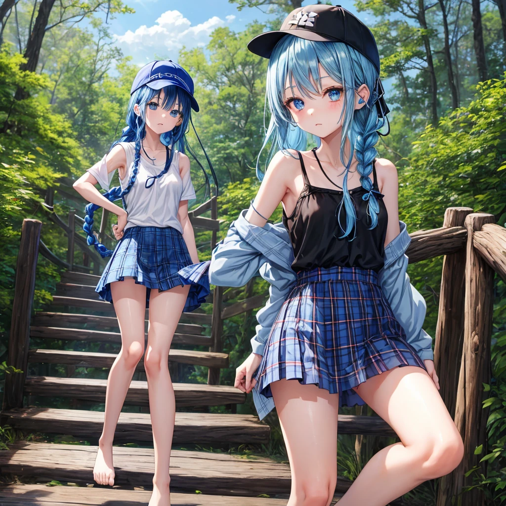 Blue hair、blue eyess、Braids、one good looking girl、独奏、animesque、Plaid miniskirt、Black T-shirt、camisole、the woods、Wearing a plaid baseball cap、bare-legged、Tilting your face、Walking、Crossing a log bridge while keeping balance、Doing the ribbon、have a twig、climbing the wooden stairs、falls、Blue Topaz、Sunset sky、Wearing headphones