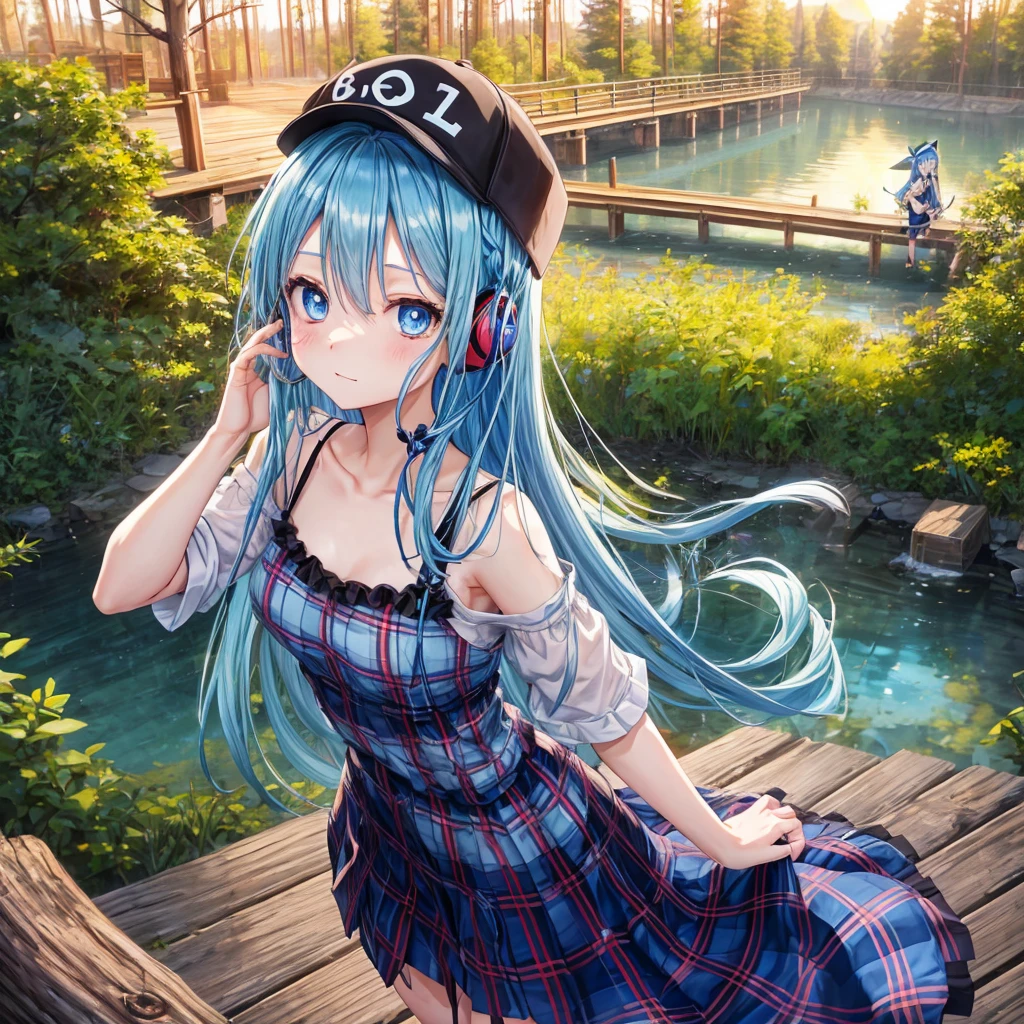 Blue hair、blue eyess、Braids、one good looking girl、独奏、animesque、Plaid miniskirt、Black T-shirt、camisole、the woods、Wearing a plaid baseball cap、bare-legged、Tilting your face、Walking、Crossing a log bridge while keeping balance、Doing the ribbon、have a twig、climbing the wooden stairs、falls、Blue Topaz、Sunset sky、Wearing headphones
