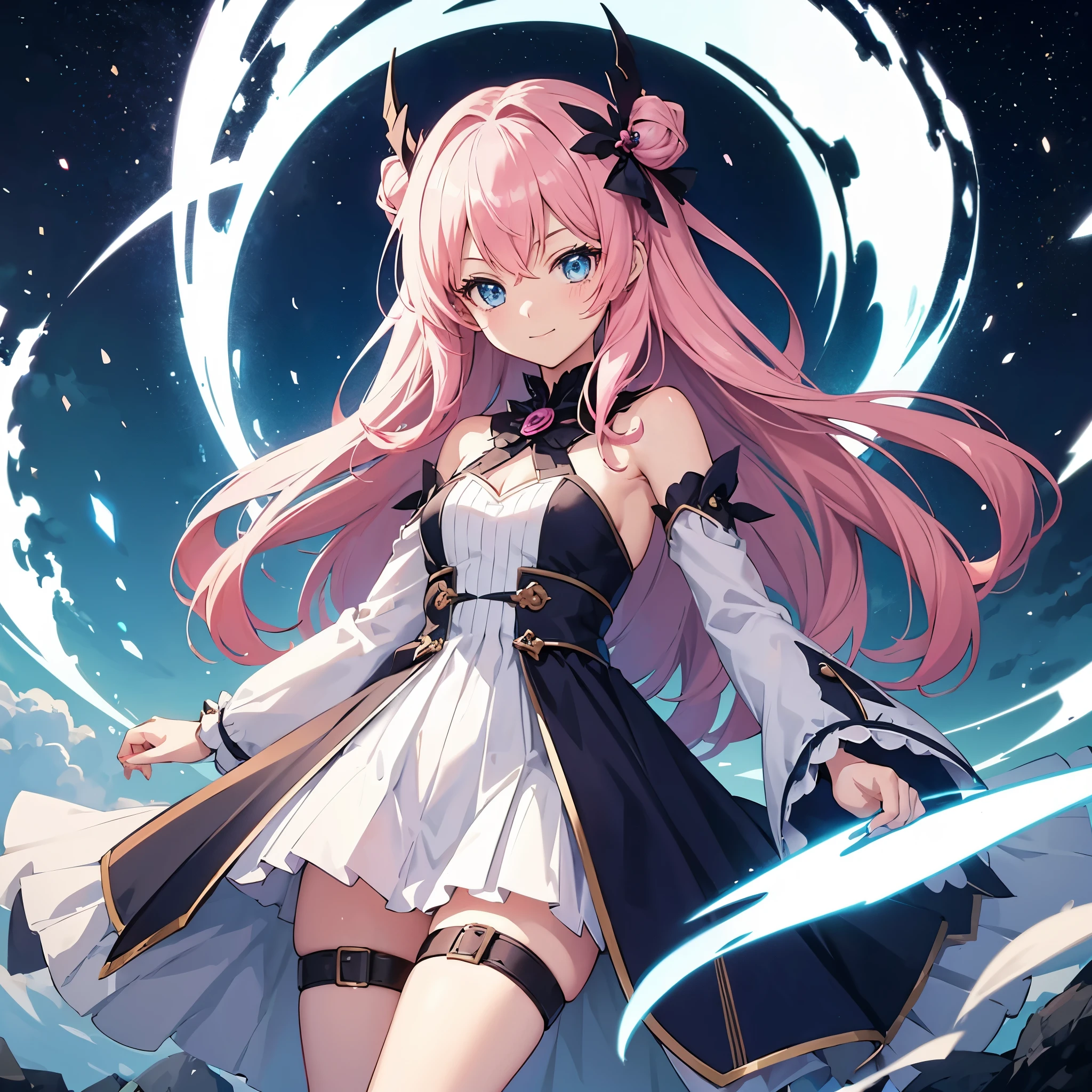 Anime 1girl time travel power she have, blue eyes age15 future time travel long butifull dress 4k HD ultra, add time travel backguard add pink hair and make her little smile