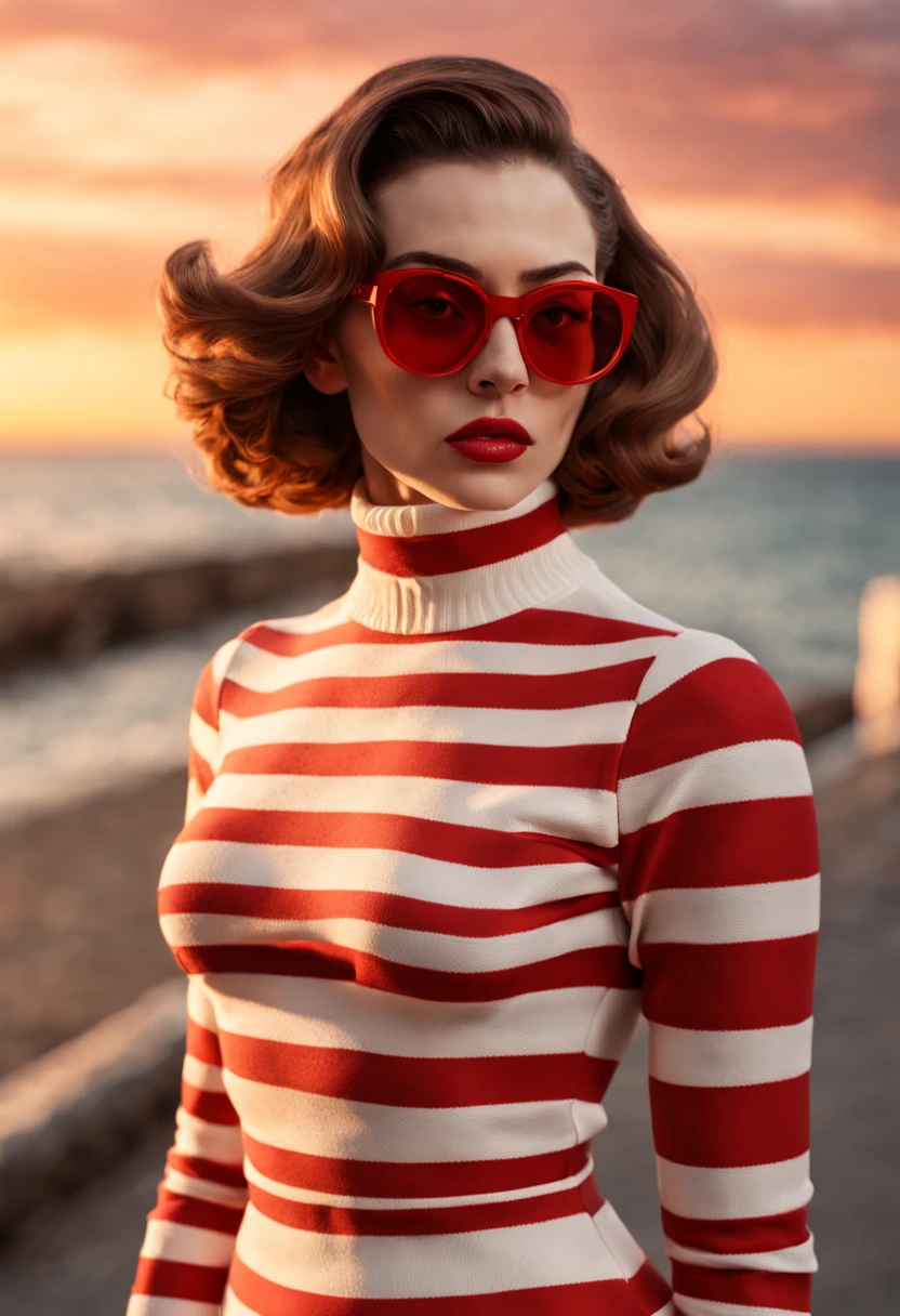 masterpiece of photorealism,photorealistic highly detailed professional 8k raw photography,best hyperrealistic quality,volumetric real-time lighting and shadows,front profile full body Photography,a hip hop 80's British model woman with 50's haircut,in a white and red zig zag stripes turtleneck dress and large sunglasses,Tall: Taller in stature with proportional body features,art by Sergio Lopez,Natalie Shau,james jean and salvador dali,Power Stance: Legs shoulder-width apart,hands on hips,looking confident.,Waterfront Cafés by the Sea full of busy people,Panning Shot of a Vibrant Sunset