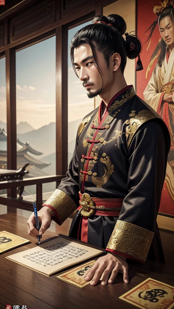 oriental、man in ancient chinese clothes、ancient chinese hairstyle man、three kingdom、multiple warlords、top-quality、masterpiece、超A high resolution、(Photorealsitic:1.4)、Game Posters、man writing、Inside the building、Working