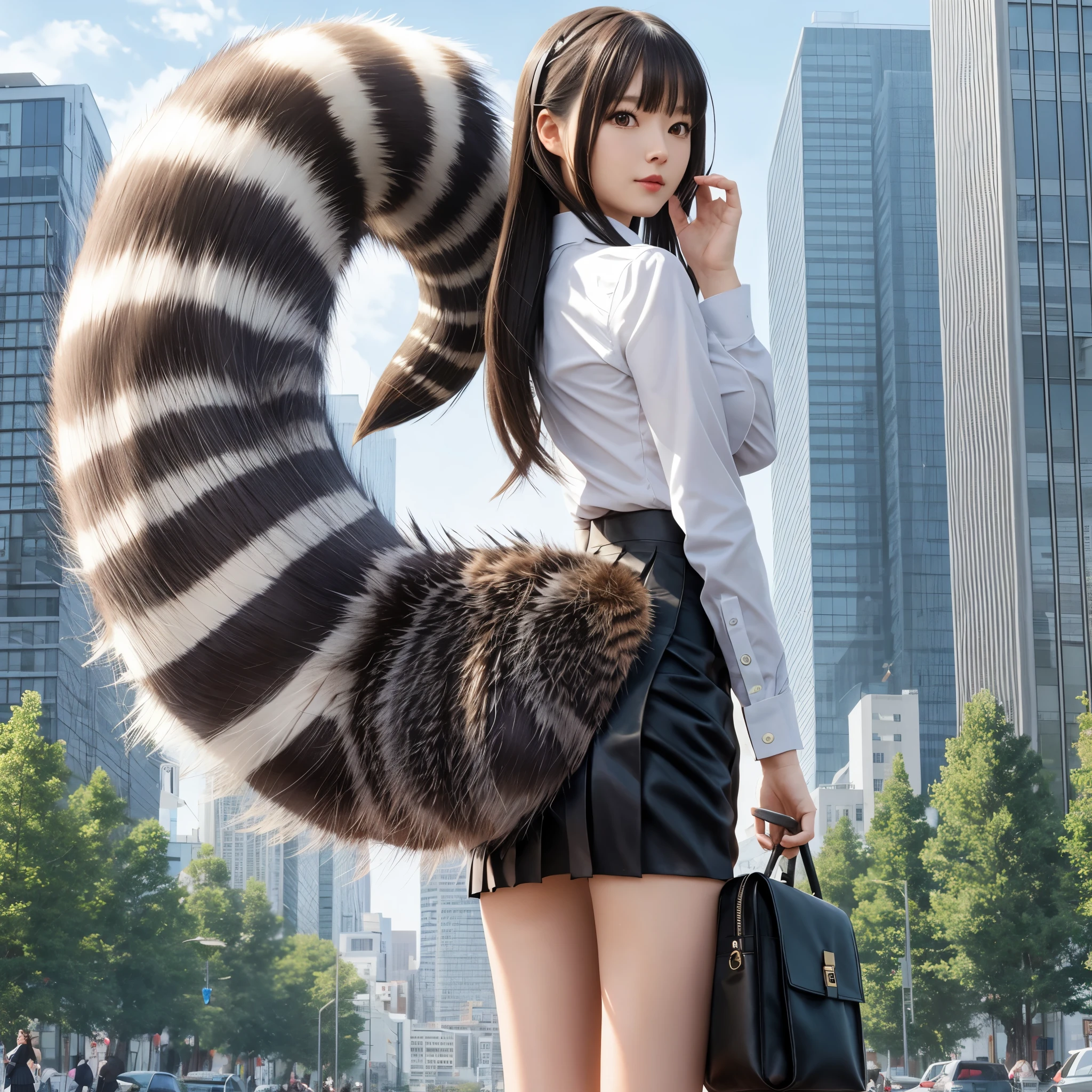 A woman wearing a pleated miniskirt with a raccoon tail, anthropomorphic racoon, けもの, Realistic, a picture, top-quality, Her pleated miniskirt is flipped up and her tail is visible.:1.5 ,Realistic tail, small tits, slender, White panties, tail, Bushy tail, Realistic tail