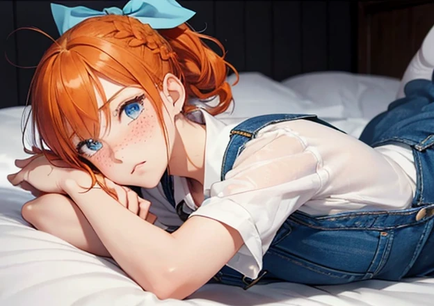 Tomboy girl, blue eyes, orange hair, small breasts, blue overalls, frilly yellow undershirt, long braided ponytail, large white bow at base of ponytail, no bangs, bangs pulled back, freckles, large white bow in hair, gorgeous, girl blushing, girl held in man’s arms, couple in bed