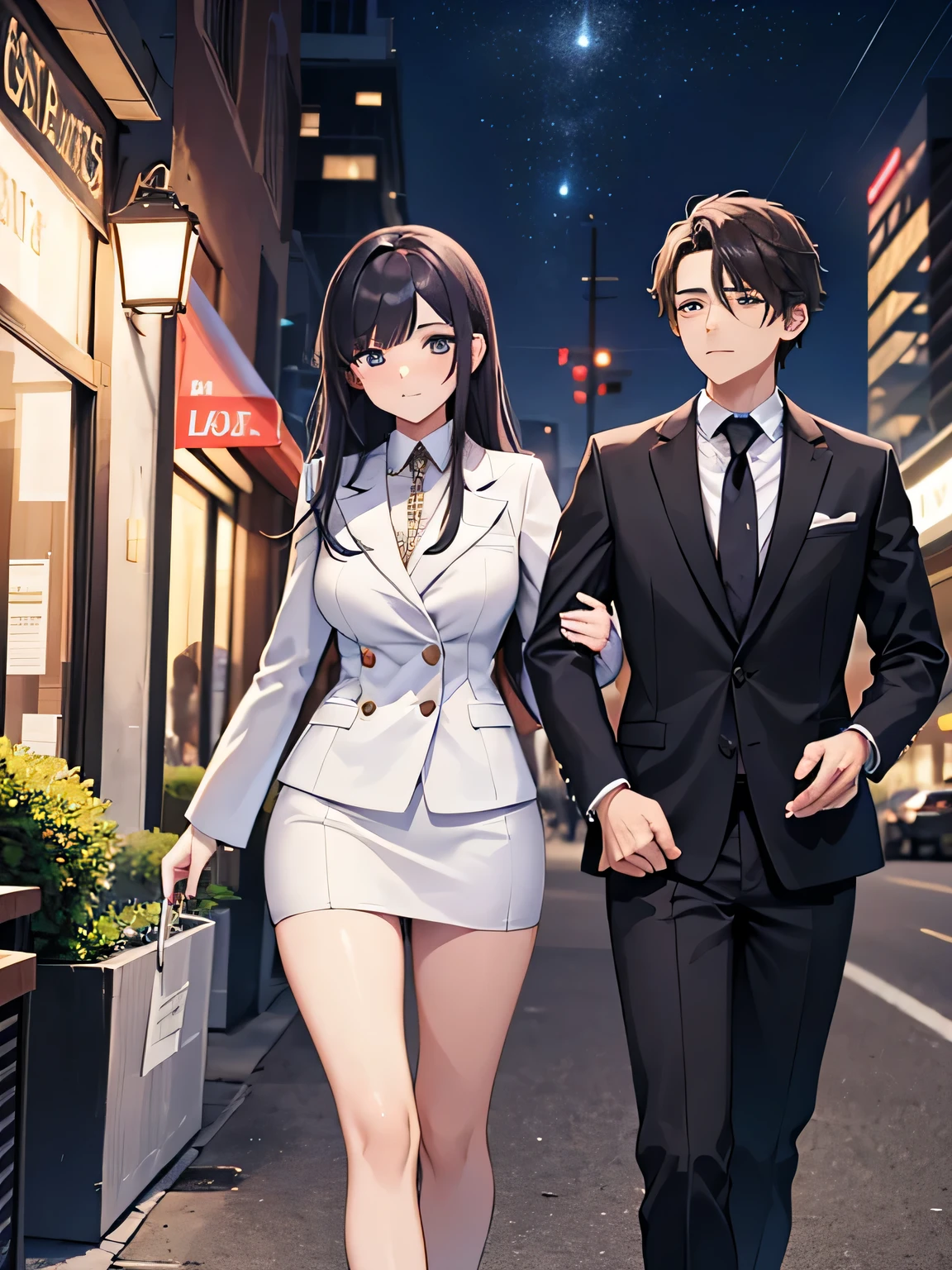 1,man and woman walking hand in hand.
2,The woman is a 30-year-old female president.。, He is wearing a sexy and luxurious suit with an open chest..
3,The man is a 24-year-old female subordinate.。, I&#39;m wearing a suit but I have a baby face.
4,The location is an office district at night..