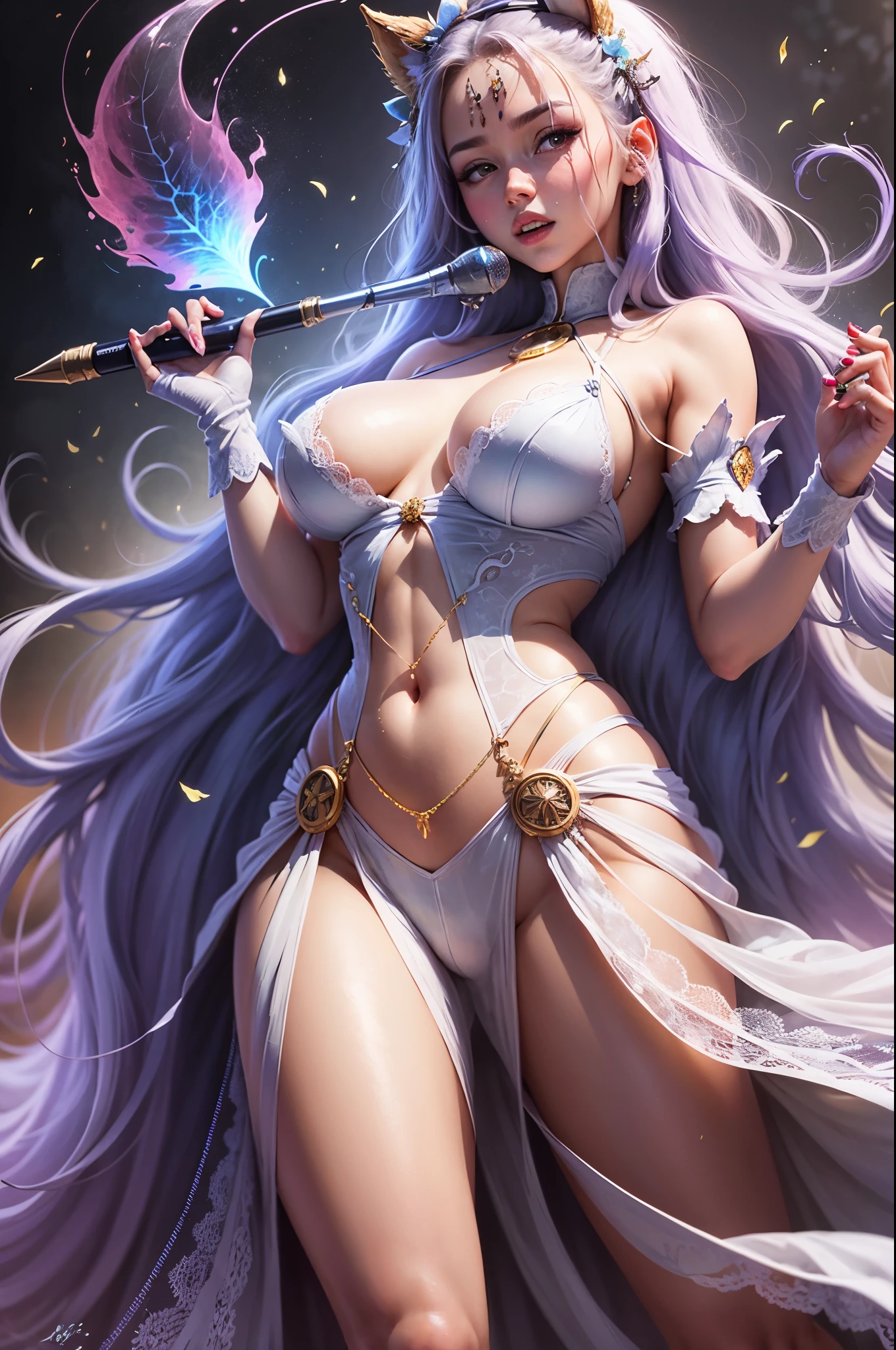 Pretty girl in long dress with large breasts, with magic wand in hand, drop shadow, with multicolored rays --auto --s2