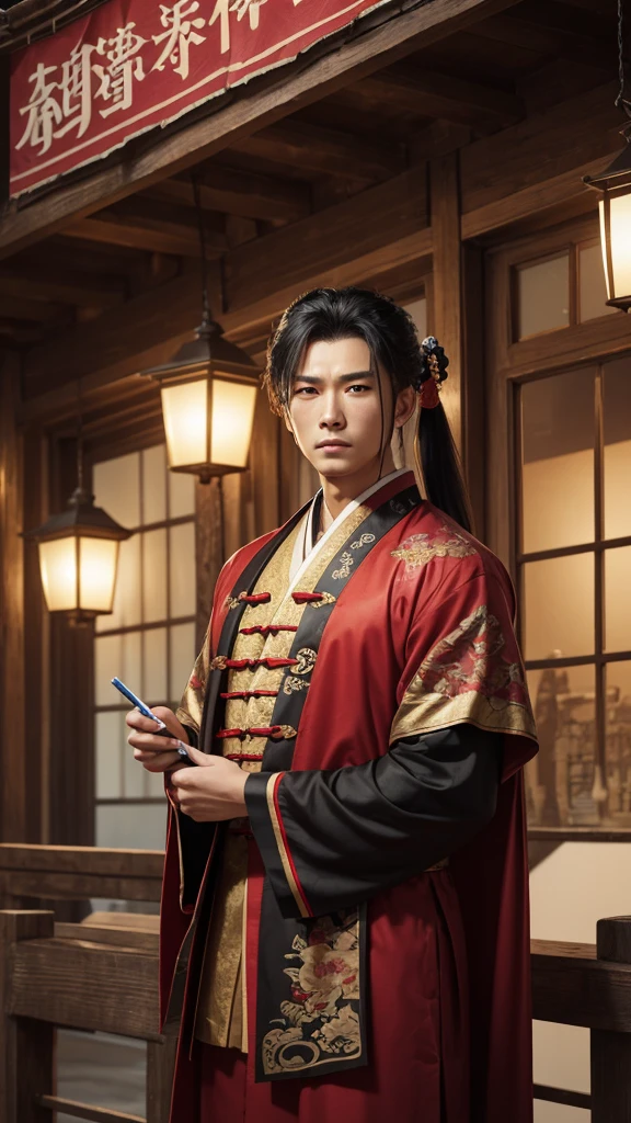 oriental、man in ancient chinese clothes、ancient chinese hairstyle man、three kingdom、multiple warlords、top-quality、masterpiece、超A high resolution、(Photorealsitic:1.4)、Game Posters、man writing、Inside the building、Working