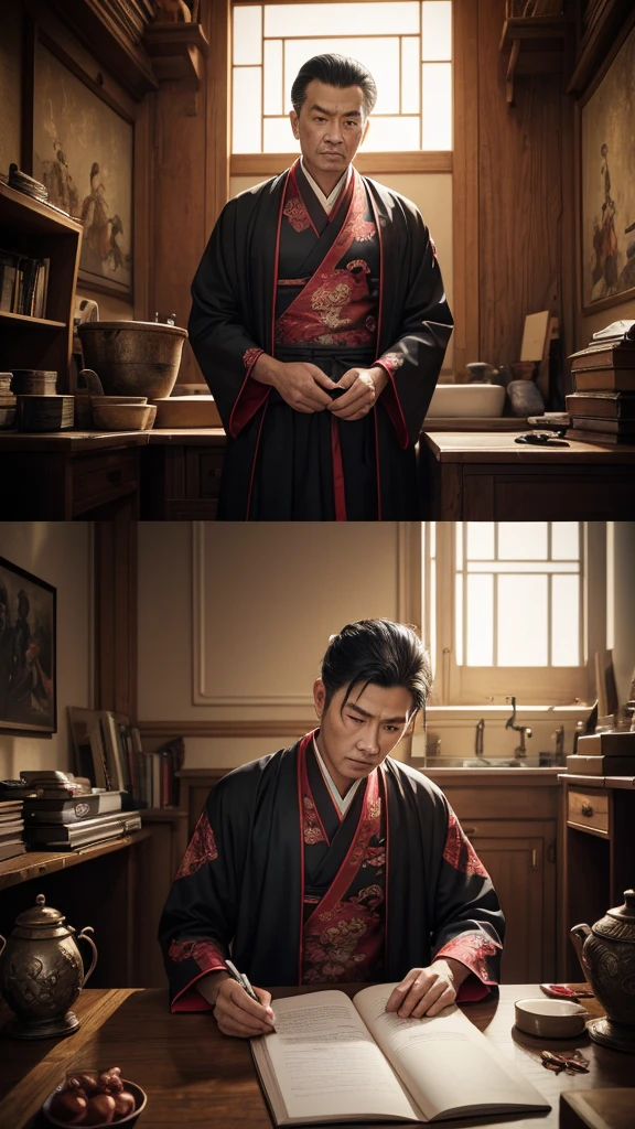 oriental、man in ancient chinese clothes、ancient chinese hairstyle man、three kingdom、multiple warlords、top-quality、​masterpiece、超A high resolution、(Photorealsitic:1.4)、Game Posters、man writing、Inside the building、Working