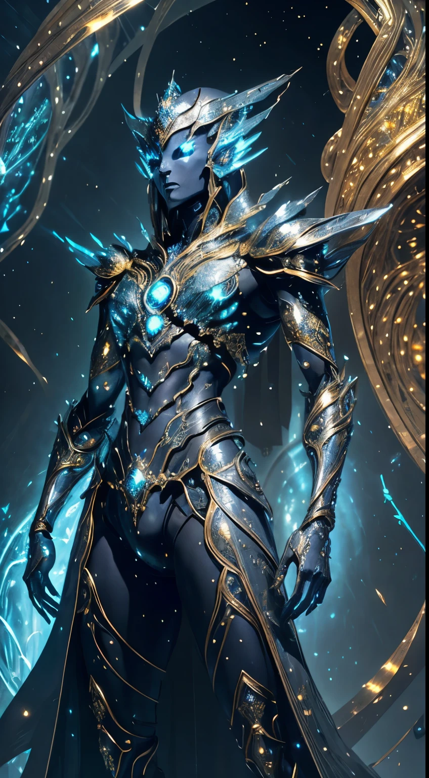 End Of The World manifests as an intricate metallic figure with an elegant silver body.  Its design is adorned with intricate golden patterns that glow softly when activated.  The Stand's eyes emit an intense blue light, and its limbs are decorated with crystalline structures that shine with different colors.