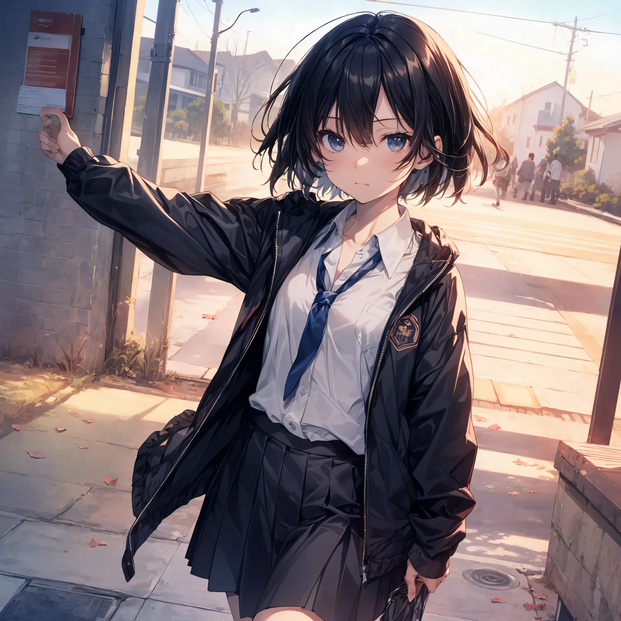 Super high quality by the art god, Ultra-detailed, High resolution, Shinkai Makoto style, anime moe art style, best anime 8K konachan wallpaper, Pixiv Contest Winner, Perfect Anatomy, BREAK,(Please draw a sleepy girl going to school alone.. ),BREAK, a hyperrealistic schoolgirl, (Solo,Lori,,13yea:1.3),Full limbs, complete fingers,a junior gynous attraction, (extra very short hair), hair messy, flat and soft chest, Small butt, groin, Small eyes,Beautiful detailed black eyes, Well-proportioned iris and pupils, disgusted eye, High resolution detailed hair, School uniform, Skirt,  On the way to school. BREAK,Ultra-detailed細なスキン, Best lighting by famous artists, 8K, Illustration,