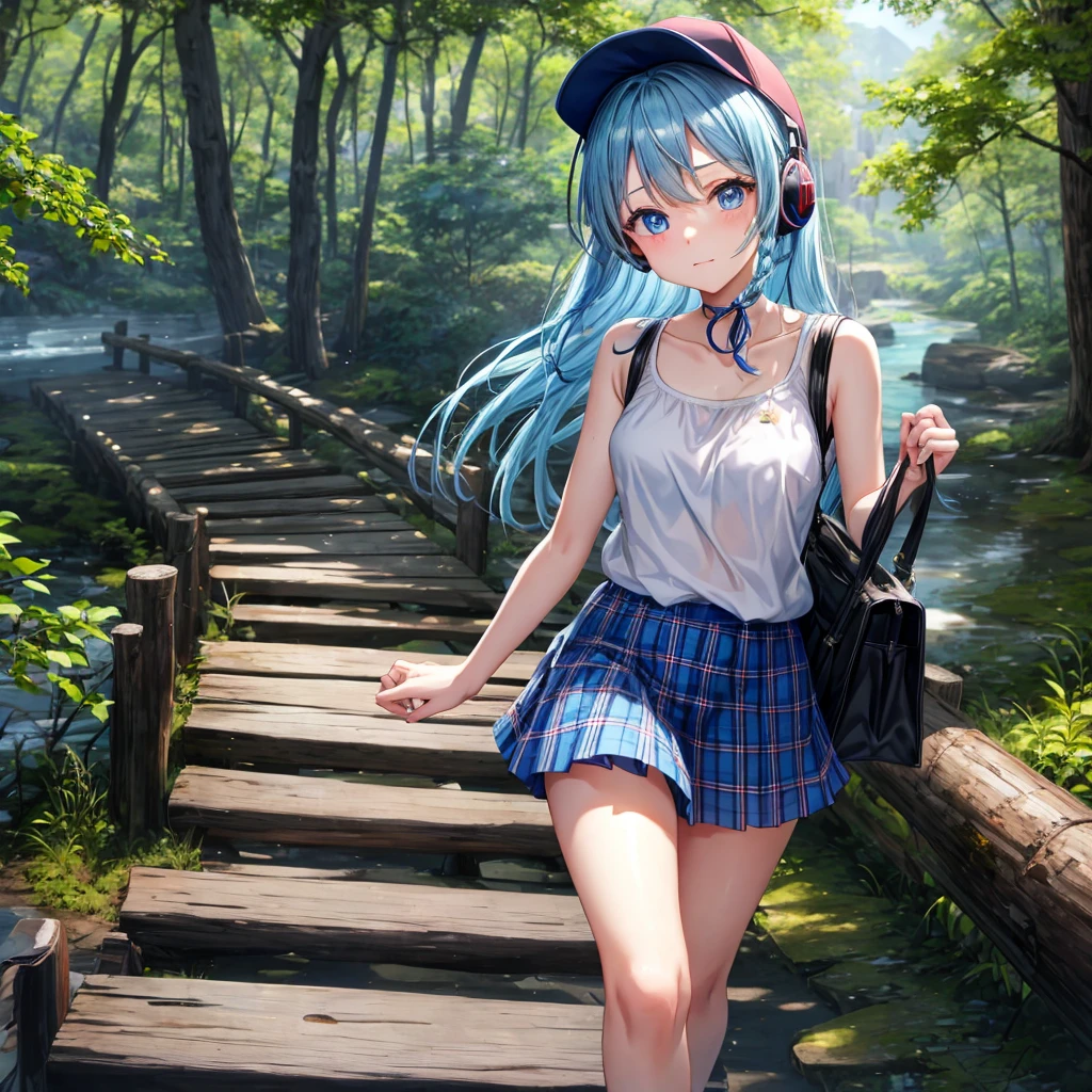 Blue hair、blue eyess、Braids、one good looking girl、独奏、animesque、Plaid miniskirt、Black T-shirt、camisole、the woods、Wearing a plaid baseball cap、bare-legged、Tilting your face、Walking、Crossing a log bridge while keeping balance、Doing the ribbon、have a twig、climbing the wooden stairs、falls、Blue Topaz、evening glow、Wearing headphones