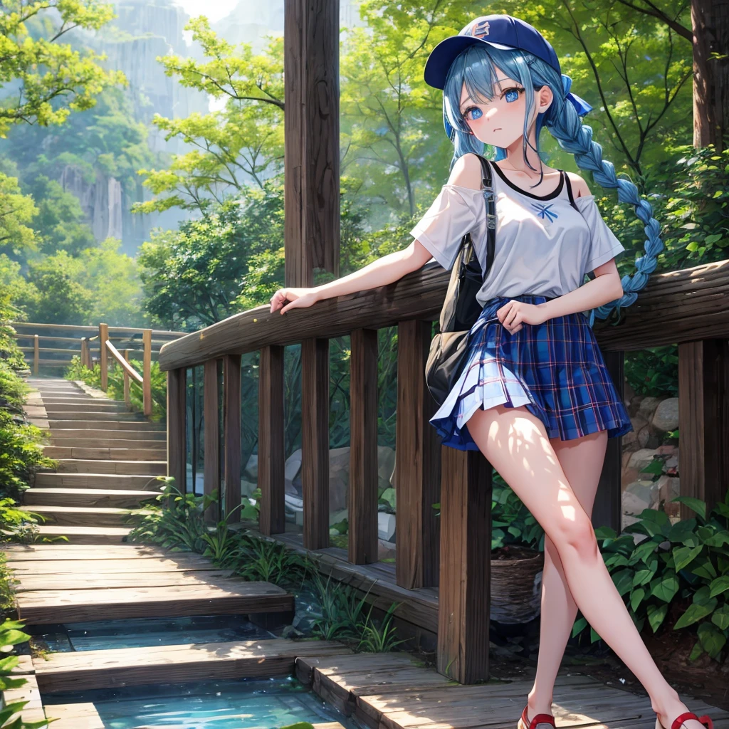Blue hair、blue eyess、Braids、one good looking girl、独奏、animesque、Plaid miniskirt、Black T-shirt、camisole、the woods、Wearing a plaid baseball cap、bare-legged、Tilting your face、Walking、Crossing a log bridge while keeping balance、Doing the ribbon、have a twig、climbing the wooden stairs、falls、Blue Topaz、evening glow、Wearing headphones