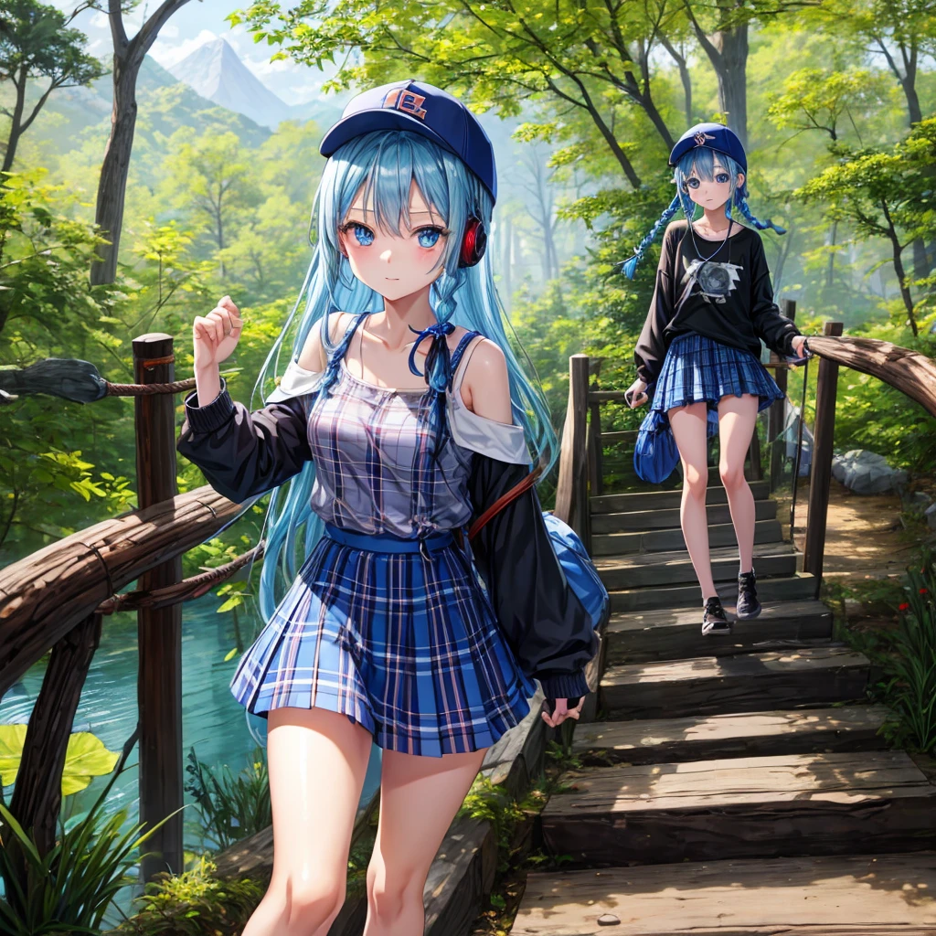 Blue hair、blue eyess、Braids、one good looking girl、独奏、animesque、Plaid miniskirt、Black T-shirt、camisole、the woods、Wearing a plaid baseball cap、bare-legged、Tilting your face、Walking、Crossing a log bridge while keeping balance、Doing the ribbon、have a twig、climbing the wooden stairs、falls、Blue Topaz、evening glow、Wearing headphones