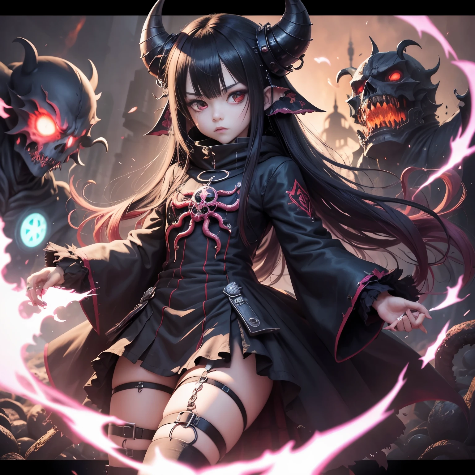 Tokio Ghoul, anime, demonio, bestial skull, correntes ensanguentadas, preso, ossos Behemoth, manic eye aberration, membros suturados, tentacles, ossos, dentes, presas afiadas, acorrentado, expression of insanity, loucura, dungeon dungeon environment, 8k, qualidade ultra HD.