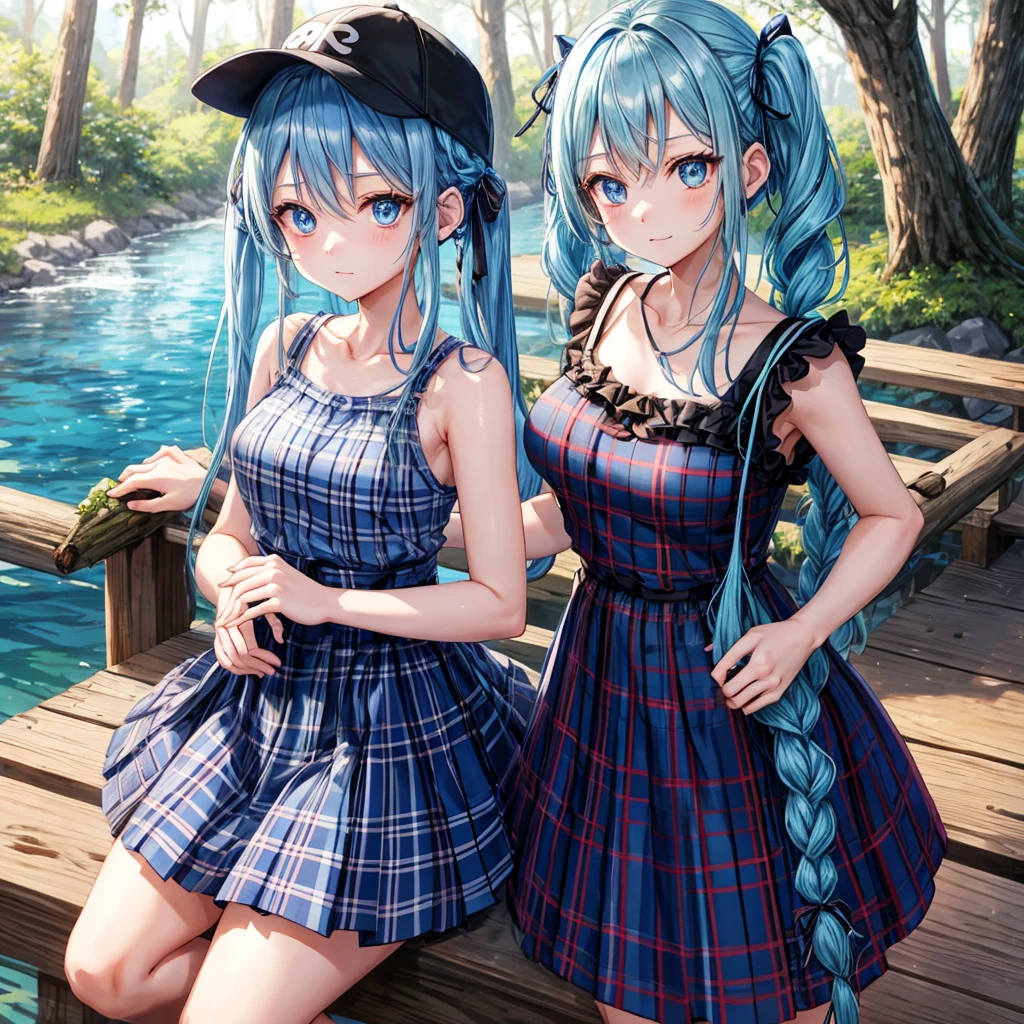 Blue hair、blue eyess、Braids、poneyTail、one good looking girl、独奏、animesque、Plaid miniskirt、Black T-shirt、camisole、the woods、Wearing a plaid baseball cap、bare-legged、Tilting your face、Walking、log bridge、Doing the ribbon、have a twig、falls、Blue Topaz、Sunset sky、Wearing headphones、spirals、s asleep