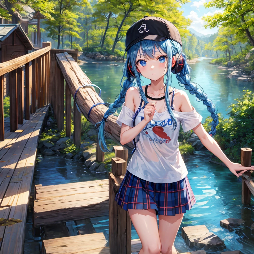 Blue hair、blue eyess、Braids、one good looking girl、独奏、animesque、Plaid miniskirt、Black T-shirt、camisole、the woods、Wearing a plaid baseball cap、bare-legged、Tilting your face、Walking、Crossing a log bridge while keeping balance、Doing the ribbon、have a twig、climbing the wooden stairs、falls、Blue Topaz、Sunset sky、Wearing headphones