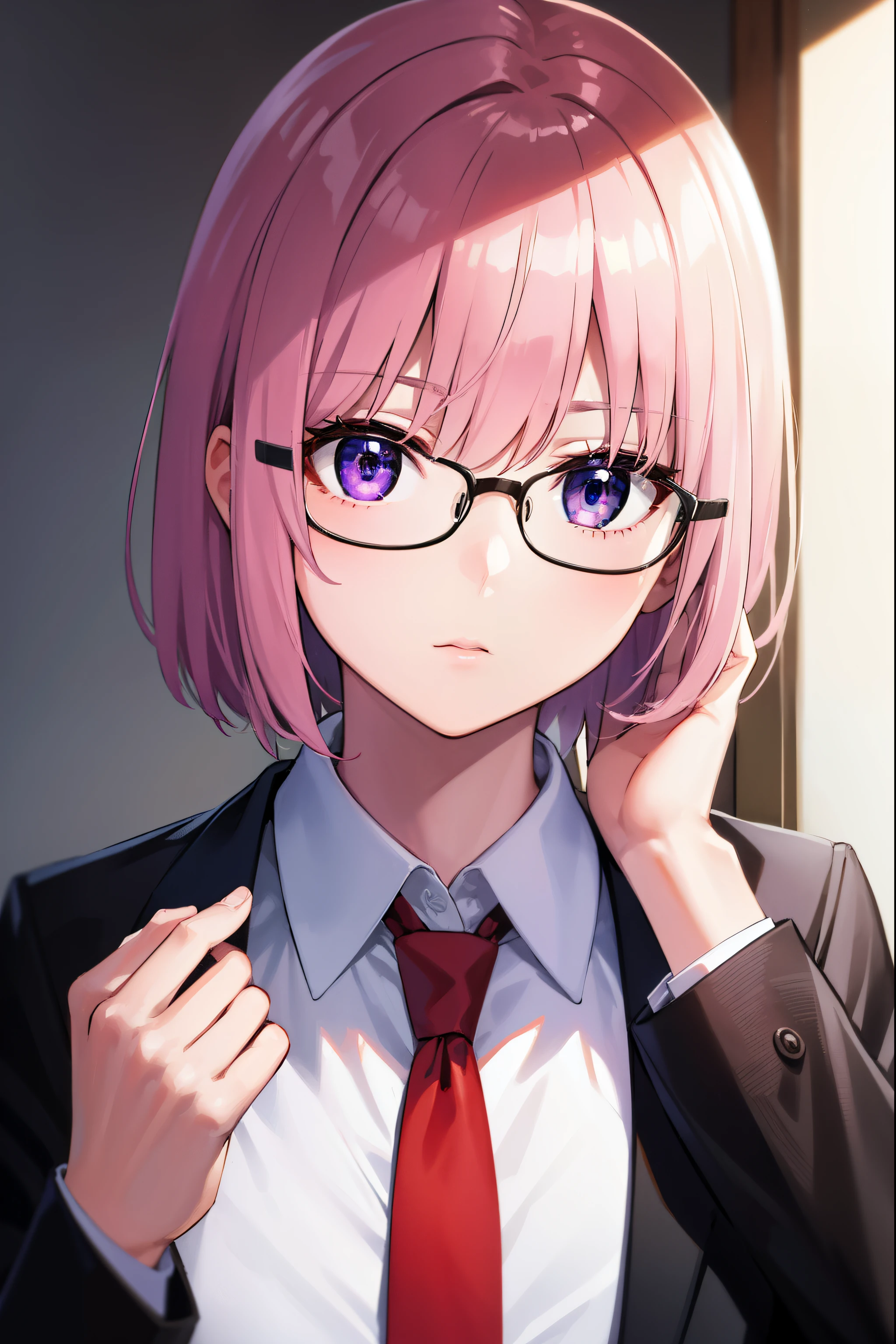 mashkyrielight, mash kyrielight, glasses, hair between eyes, hair over one eye, (purple eyes:1.1), pink hair, short hair,
BREAK hood, shirt, collared shirt, white collar, black shirt, necktie, red necktie, 
BREAK looking at viewer,
BREAK indoors, classroom,
BREAK (masterpiece:1.2), best quality, high resolution, unity 8k wallpaper, (illustration:0.8), (beautiful detailed eyes:1.6), extremely detailed face, perfect lighting, extremely detailed CG, (perfect hands, perfect anatomy),