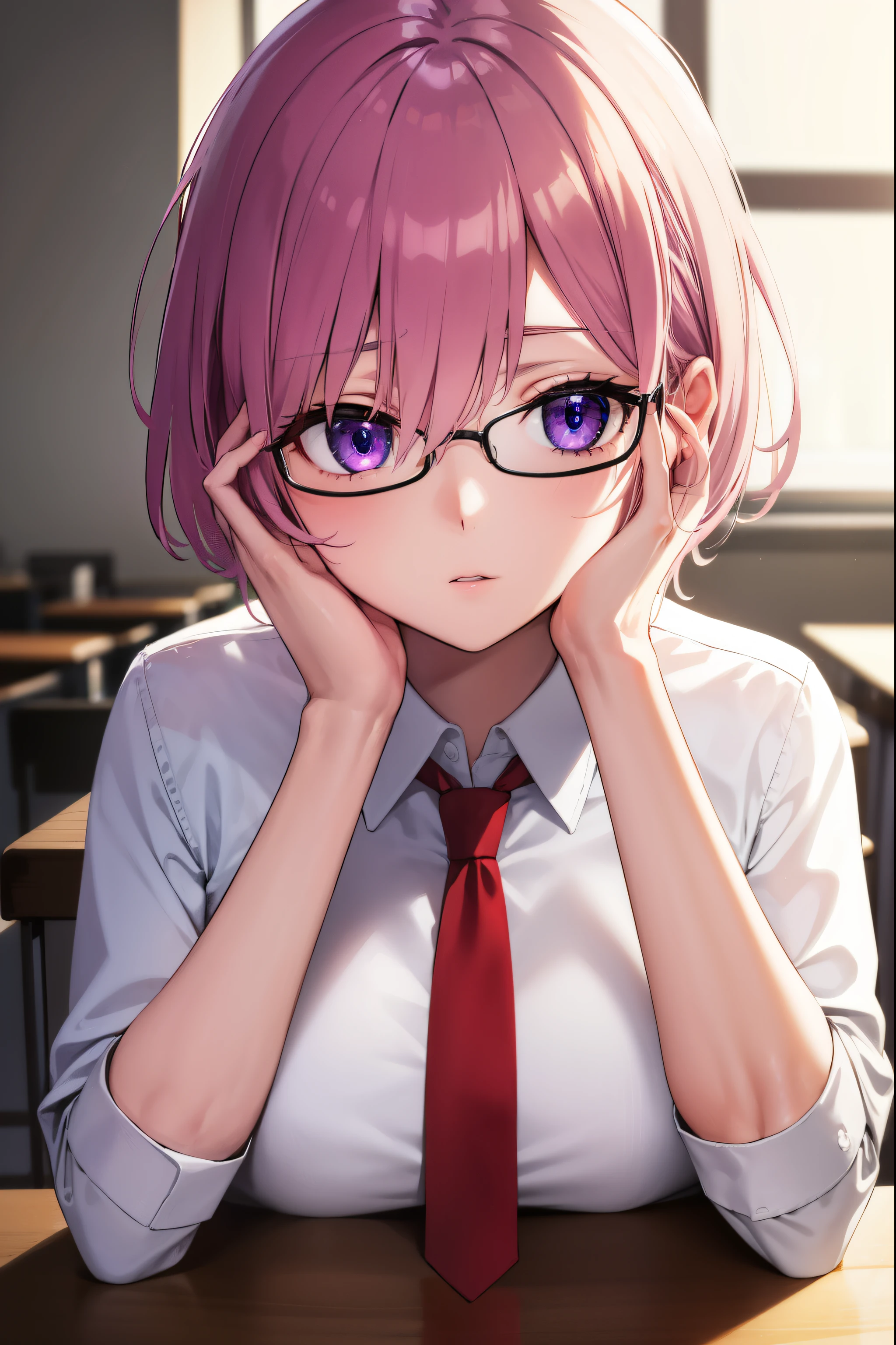 mashkyrielight, mash kyrielight, glasses, hair between eyes, hair over one eye, (purple eyes:1.1), pink hair, short hair,
BREAK hood, shirt, collared shirt, white collar, black shirt, necktie, red necktie, 
BREAK looking at viewer,
BREAK indoors, classroom,
BREAK (masterpiece:1.2), best quality, high resolution, unity 8k wallpaper, (illustration:0.8), (beautiful detailed eyes:1.6), extremely detailed face, perfect lighting, extremely detailed CG, (perfect hands, perfect anatomy),