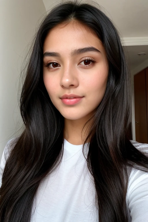((best quality)) perfect beautiful oval face brunette young woman tan skin full lips latin girl 23 years old skinny body very long and dark extremely BLACK HAIR, raven BLACK hair, realistic skin texture, realistic hair texture WEARING CLOTHES, selfie photo ,