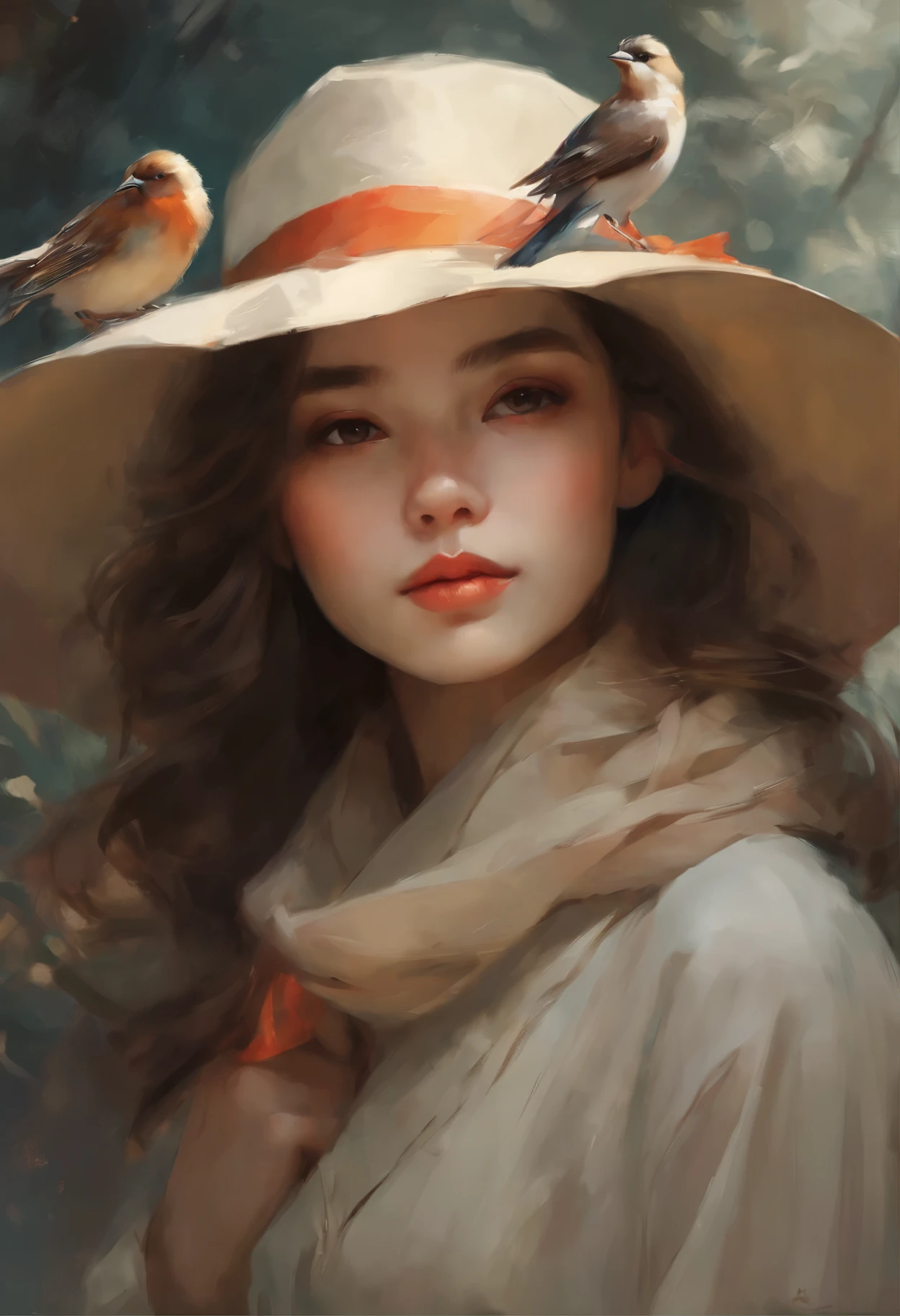 picture of a young European girl in a hat and scarf with a bird, beautiful character painting, jinyoung shin art, Ye Xin, artwork in the style of guweiz, Annie Stegg Gerard, Zhang Han, guweiz masterpiece, guweiz, beautiful portrait, beautiful illustration, by Zeng Jing, by Tosa Mitsuoki