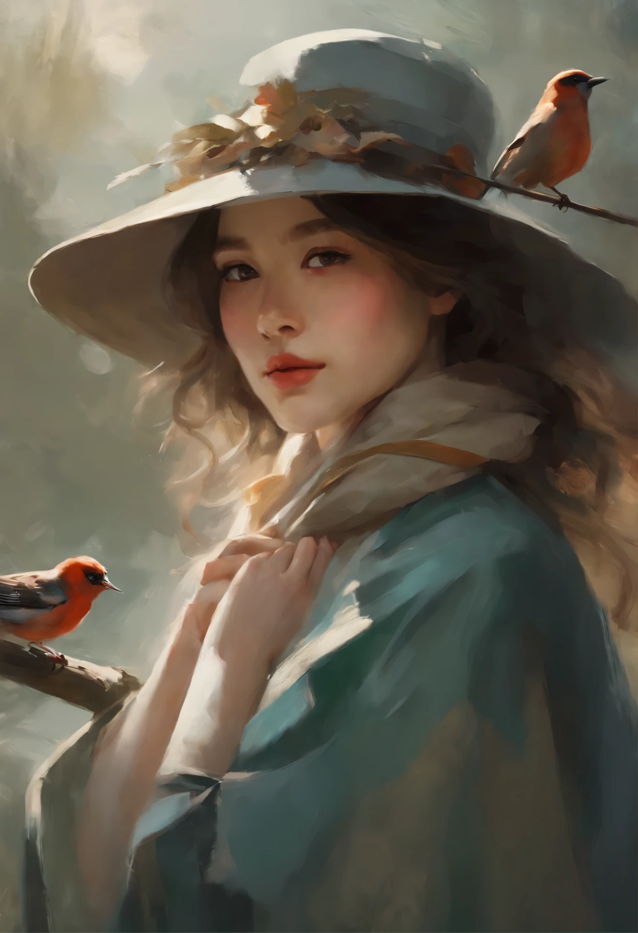 picture of a young European girl in a hat and scarf with a bird, beautiful character painting, jinyoung shin art, Ye Xin, artwork in the style of guweiz, Annie Stegg Gerard, Zhang Han, guweiz masterpiece, guweiz, beautiful portrait, beautiful illustration, by Zeng Jing, by Tosa Mitsuoki