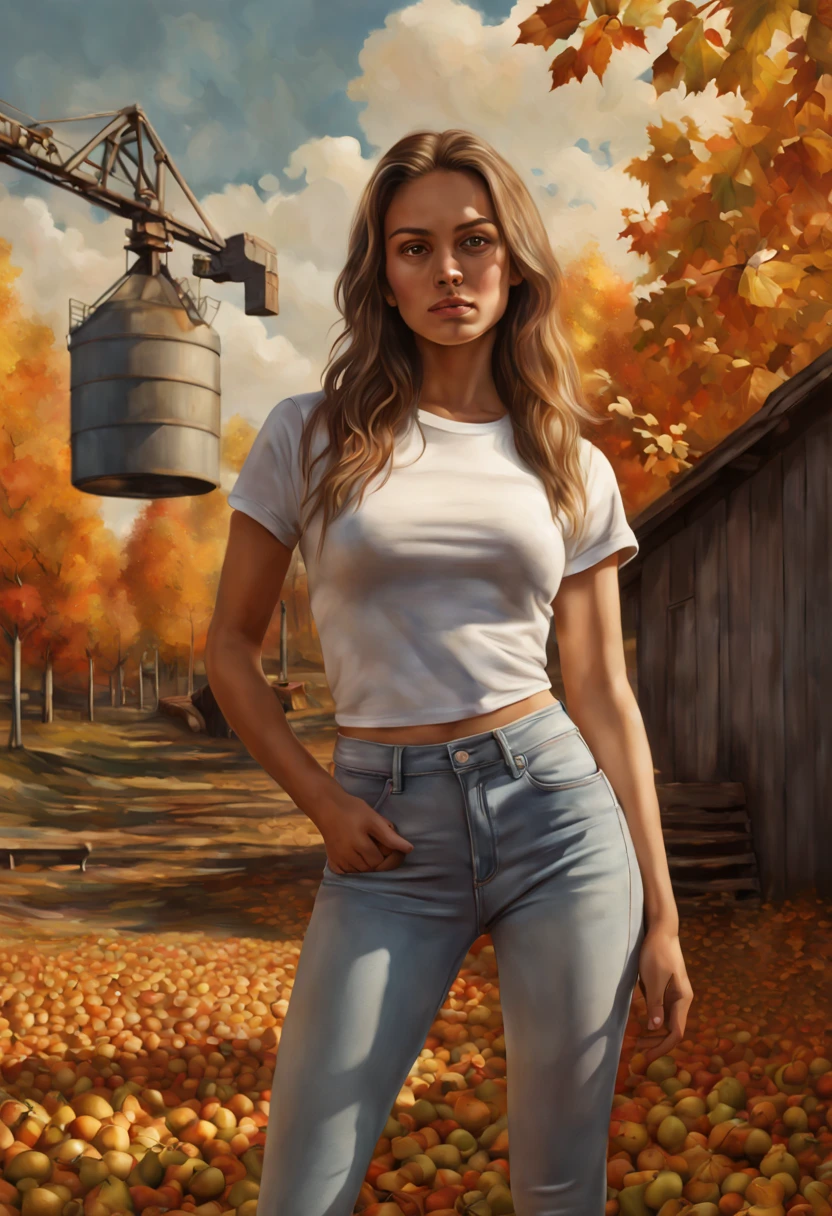 masterpiece of photorealism,photorealistic highly detailed professional 8k raw photography,best hyperrealistic quality,volumetric real-time lighting and shadows,young woman,Pear or : Hips are wider than the bust,with a well-defined waist,White Tee and Skinny Jeans,ctmp,Oil Slick Hair with Iridescent Hues,Rural Farmhouses in Autumn Colors,Overhead Crane Shot