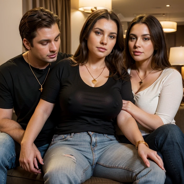 Cuckold chubby white hotwife, brown hair, with jeans and black t-shirt, 4men 1woman, golden necklace, tall horny Big 4men, romantic,1man hugging her, other man touching her, sitting on hotel lobby sofa, illustrations, ultra-detailed, realistic, vivid colors, full body picture, warm tones, soft lighting