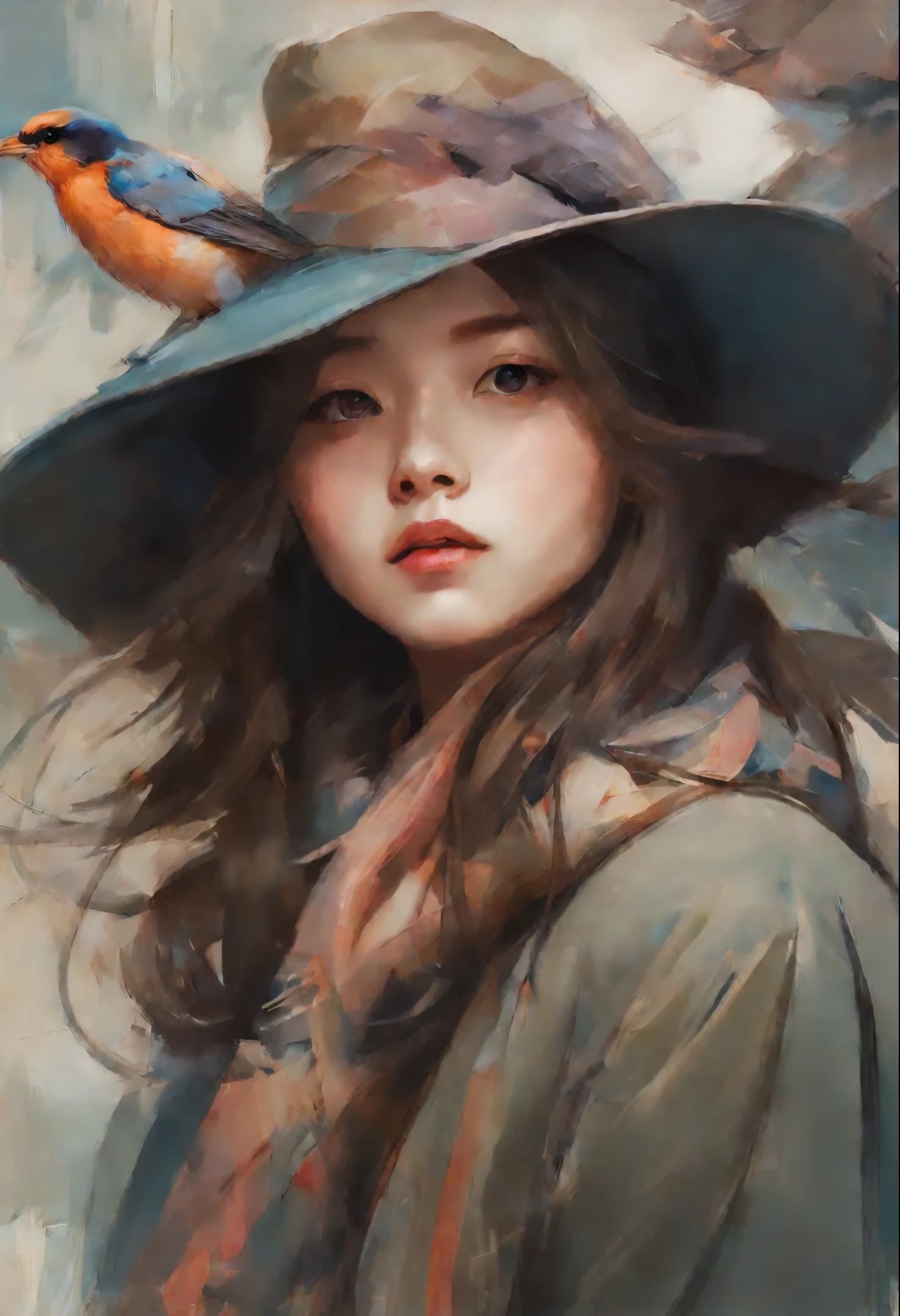 picture of a girl in a hat and scarf with a bird, beautiful character painting, jinyoung shin art, Ye Xin, artwork in the style of guweiz, Annie Stegg Gerard, Zhang Han, guweiz masterpiece, guweiz, beautiful portrait, beautiful illustration, by Zeng Jing, by Tosa Mitsuoki