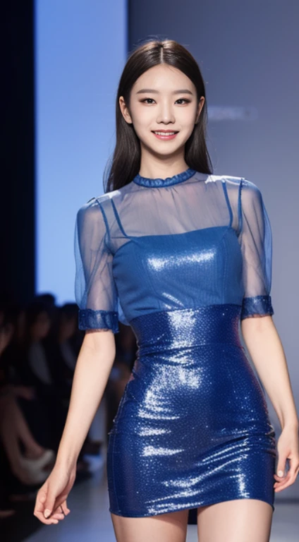 A woman with the same face as last time,4K、1Man Woman、A slender、 Loose wavy styling, Ecstatic expression、A woman in a dress posing on the runway, Blue see-through dress,Be braless, Reveal stylish blue dress, translucent blue dress, Open blue dress, wearing blue dress, low cut dress, perfectly proportions, 、captivating and enticing、FULL BODYSHOT、Including face and skin texture.,Detailed eyes、A smiling face