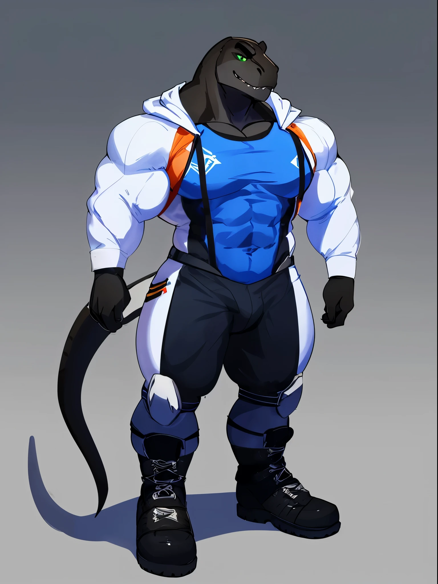By bebebebebe, by lostgoose, by goonie-san, female, tyrannosaurus, dinosaur, t-rex, smirking, green eyes, big breasts, ((muscular, buff, giant, strong, enormous, broad shoulders, big head)), (white and orange jumpsuit, black body armor, black tactical pouches, big black boots)