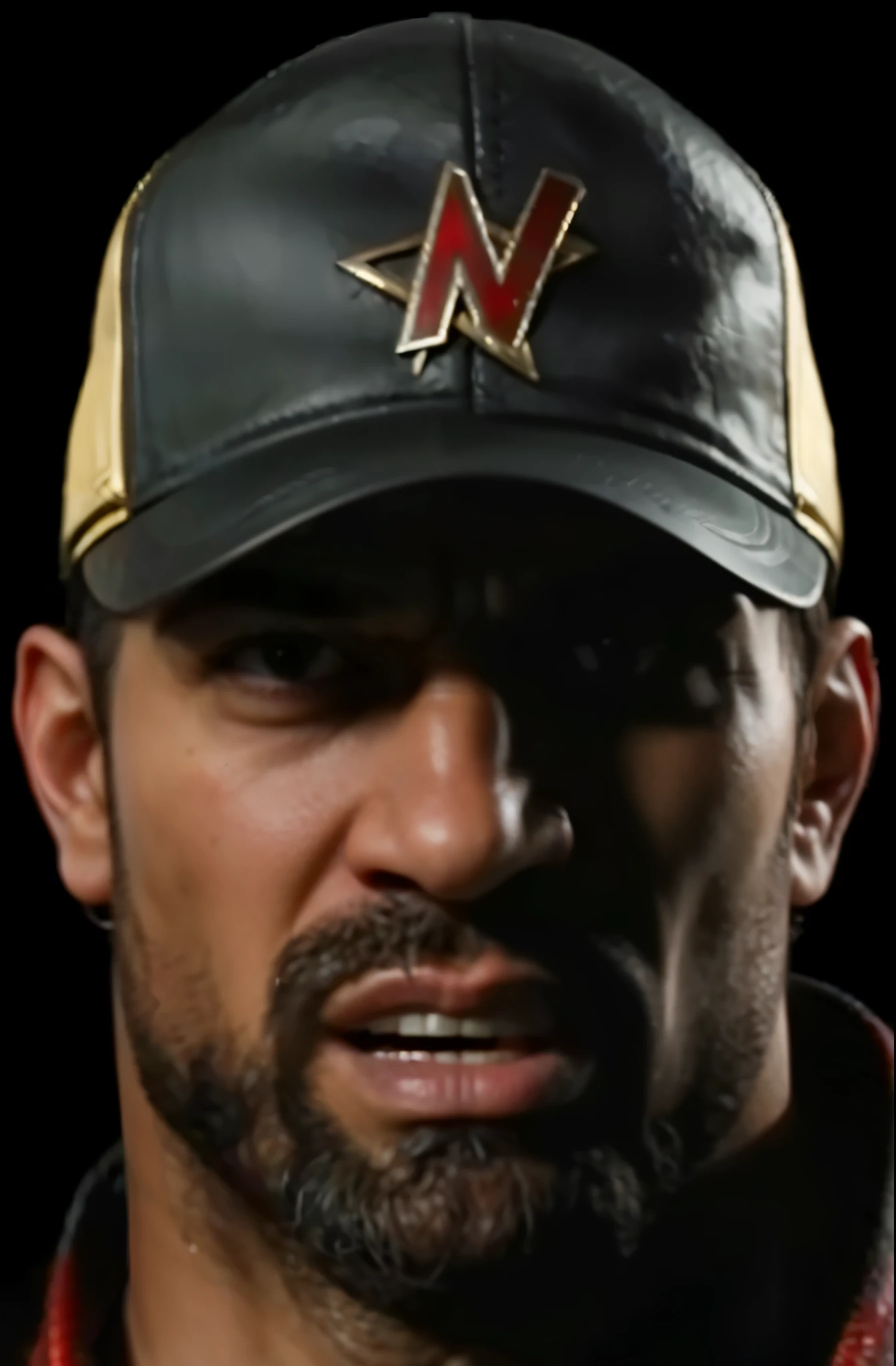 (masterpiece),(best quality:1.0),(ultra high resolution:1.0), Jax, mortal kombat, beard , cap forward, bad face,menacing look, closeup, detailed, face focus, 8k wallpaper